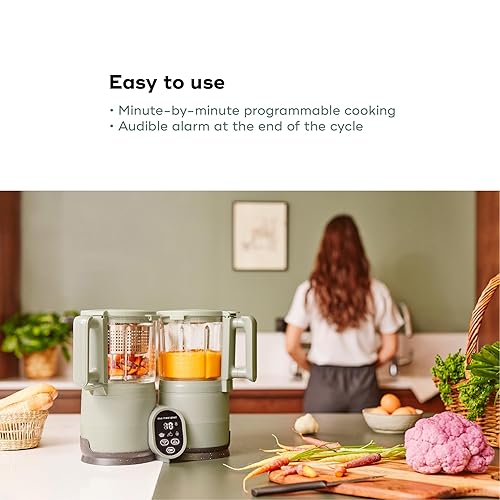 Miniatura 3 de Babymoov Duo Meal Glass Baby Food Maker, Celadon Green – 4-in-1 Steamer, Blender, Defroster, and Heater with Programmable Timer, Large Capacity