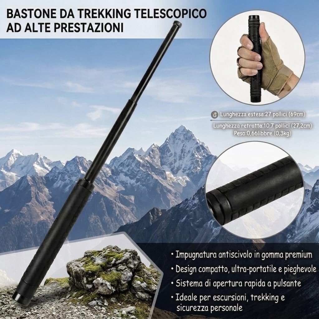 PROTECTIONBATON Bastone da Trekking Telescopico Regolabile, Bastoncino da Escursionismo in plastica dura, Impugnatura Antiscivolo, Punta con Gommino, Leggero per Trekking, Camminata e Montagna