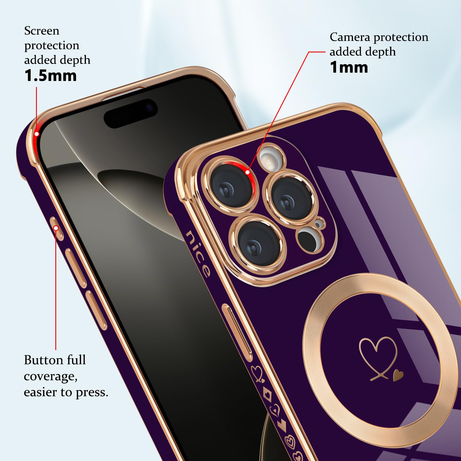 Newseego Custodia Magnetica per iPhone 16 Pro Max [Compatibile con Magsafe], Carino Cuore Ragazze Donne Morbido TPU Antiurto Fotocamera Copertura di Protezione per iPhone 16 Pro Max-Viola Scuro - Vista 4