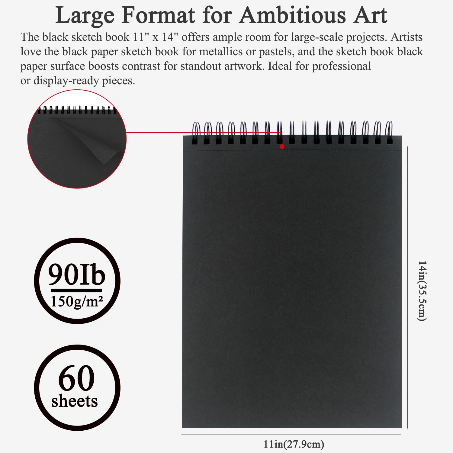 Fuxi Blocco da disegno nero, 28 x 35 cm, 60 fogli (40,8 kg/150 g/m²), copertina rigida con rilegatura a spirale, blocco di carta nera per illustrazioni e lezioni d'arte, album da disegno per artisti