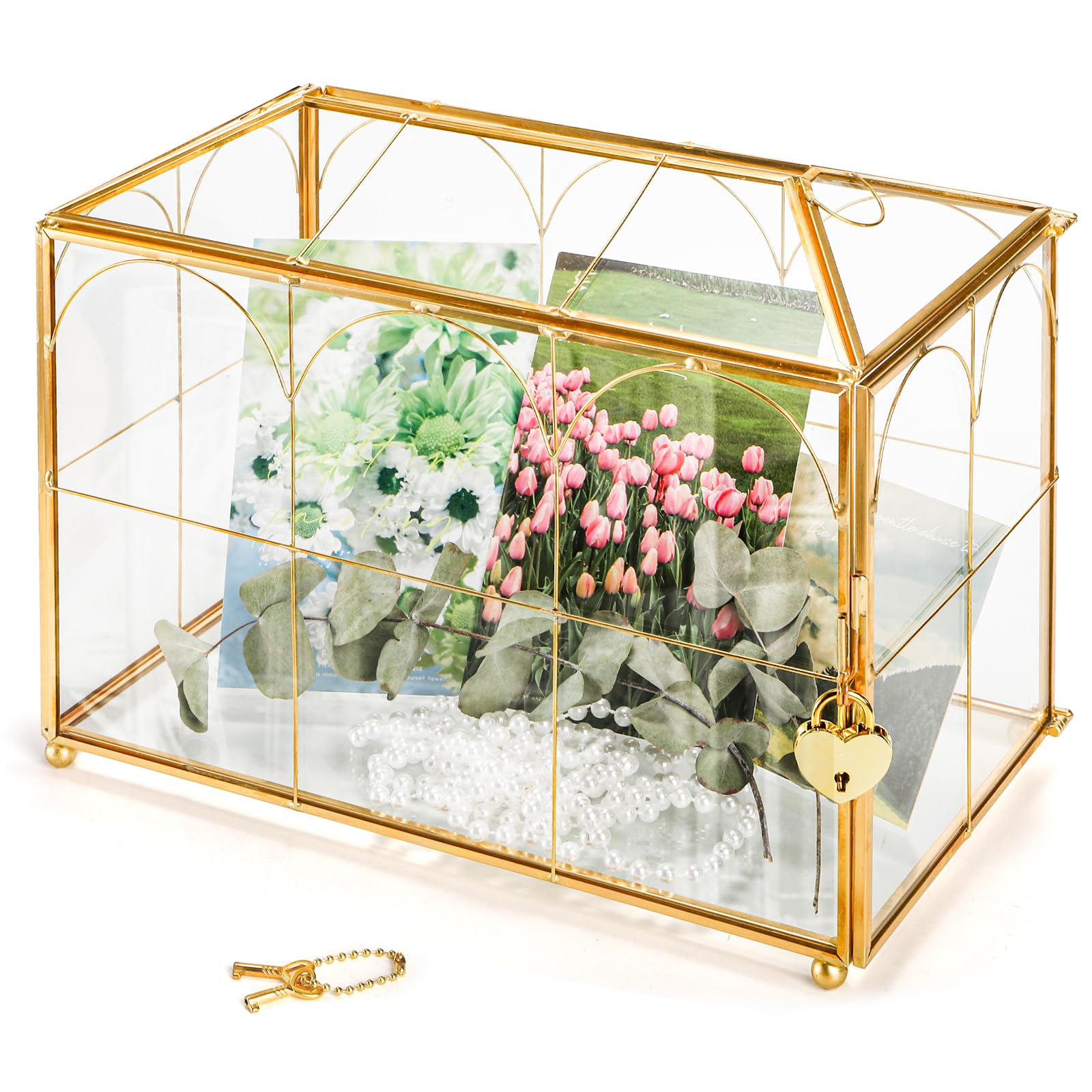 Okllen Glass Card Box with Slot, 25x15x20CM Gold Clear Card Box for Wedding Receptions, Decorative Storage Box with Lock for Baby Shower, Birthday Party, Bridal Shower