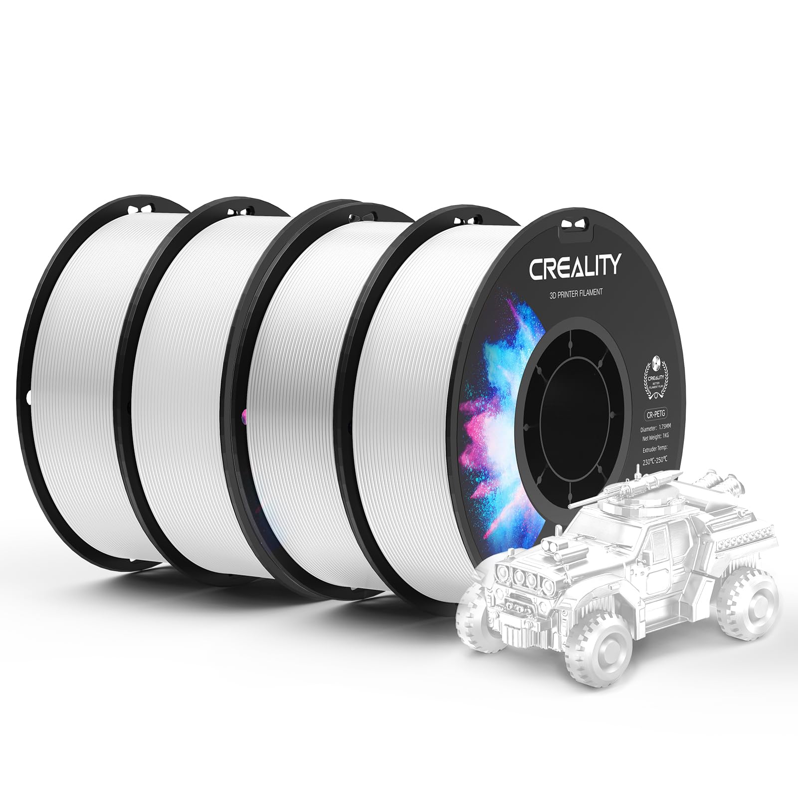 Creality PETG Filament, Doskonała Wydajność i wysoka wytrzymałość, Filament PETG do Drukarki 3D 1,75 mm, Dokładność Wymiarowa +/- 0,02 mm, 4 kg (8,8 lbs) do Drukarek 3D FDM, 4 Biały PETG