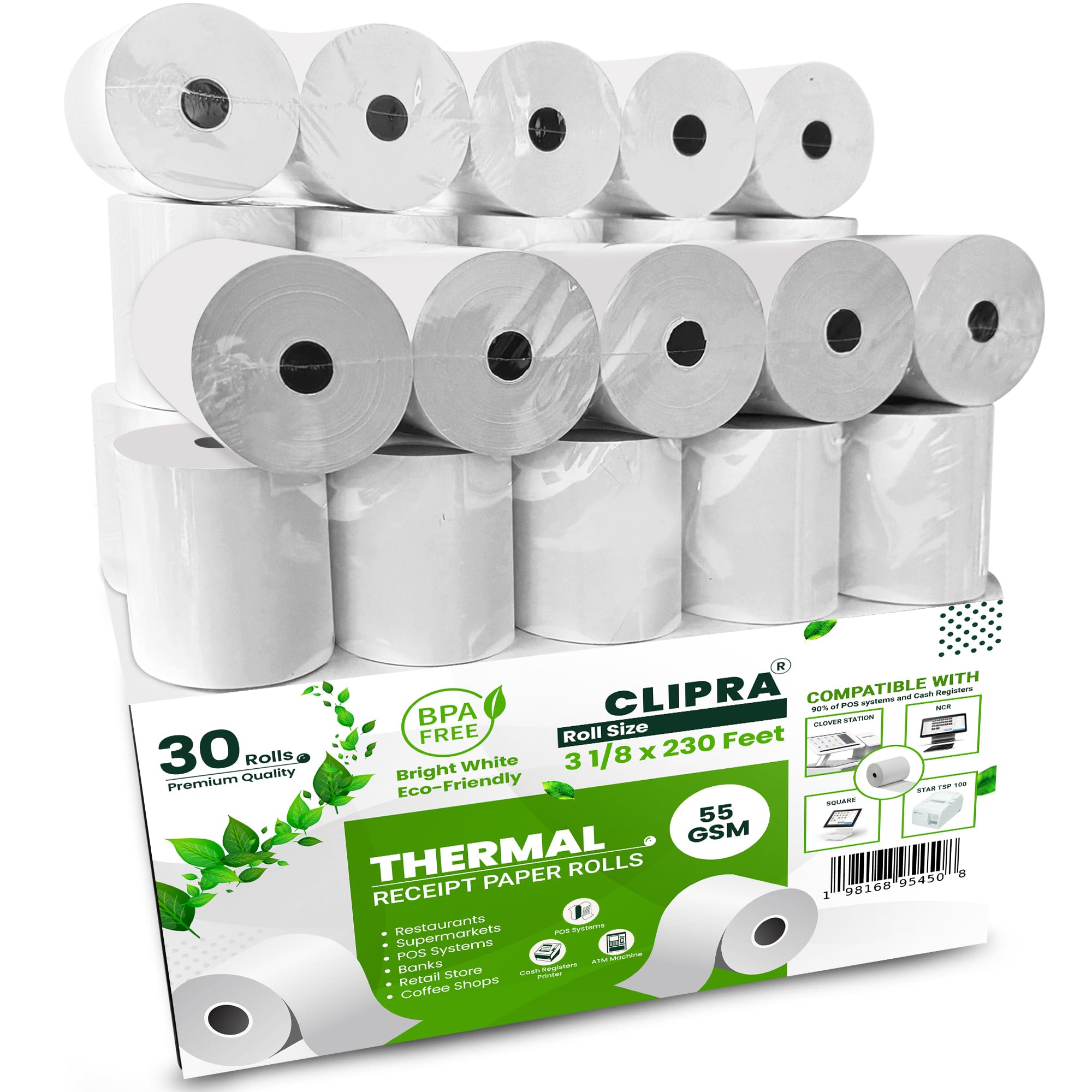 Rollos de papel térmico para recibos de 3 1/8 x 230 pies (paquete de 32) 55 GSM, compatible con todos los sistemas POS, cajas registradoras, sin BPA, rollos de papel de recibo de alta calidad