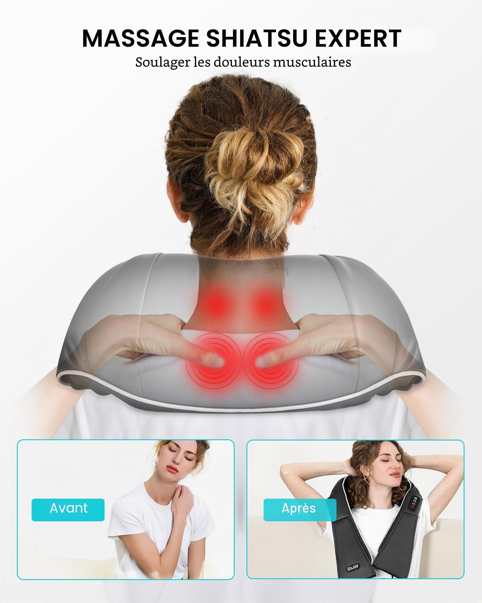 ALLJOY Masseur Cervical, Massage Dos et Cou Épaules avec Chauffage,Appareil de Massage Shiatsu Électrique avec Sac de Rangement,3D-rotation Vitesse Réglable, Cadeaux pour Meres Papa Femme Homme,Noir