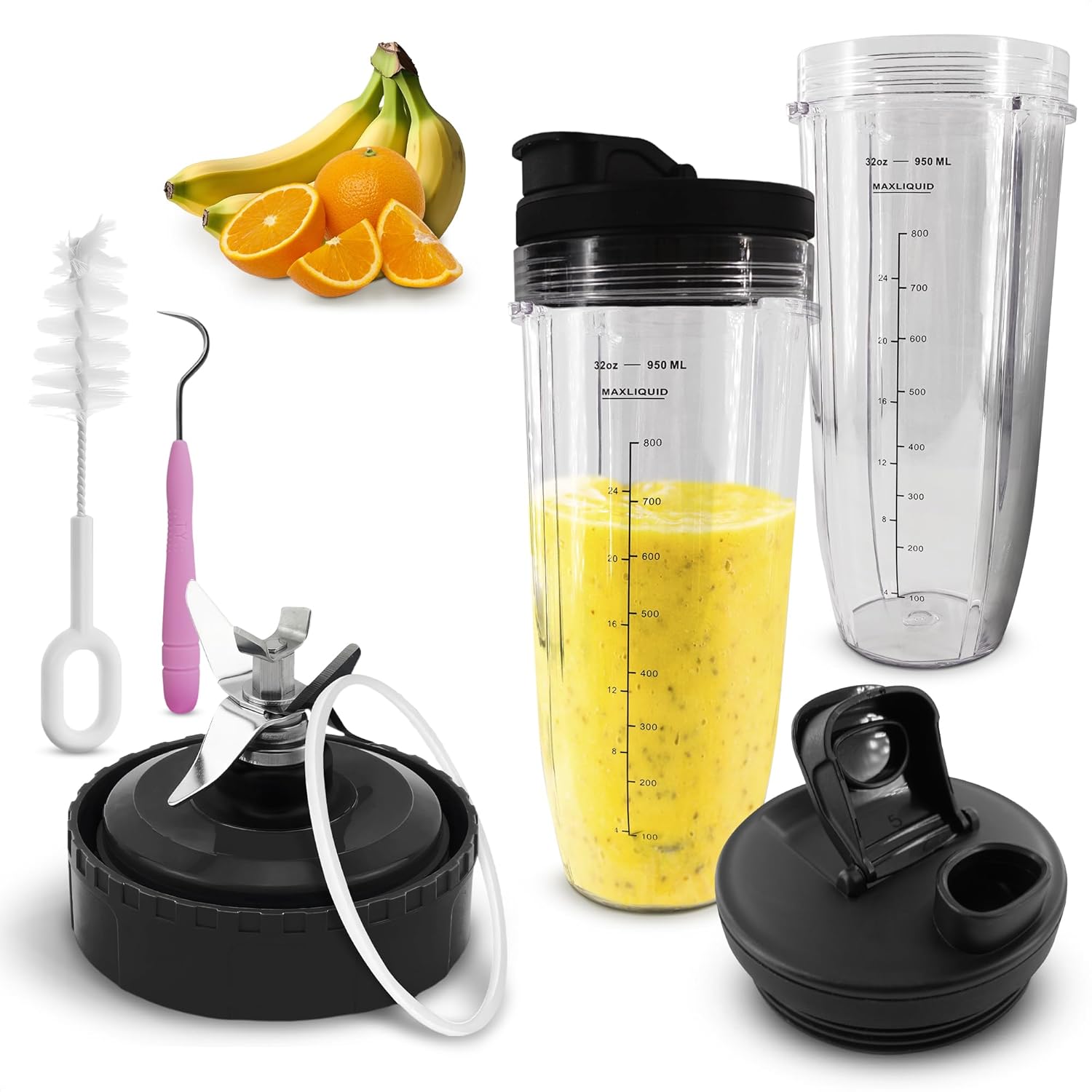 Ninja Blender Blade Replacement - 7-Fin Male 4" Stainless Steel Ninja Replacement Blades & 2 PCs Ninja Blender Cups Replacement 32 Oz – Ninja Bullet Replacement Cups with Sip Seal Lids