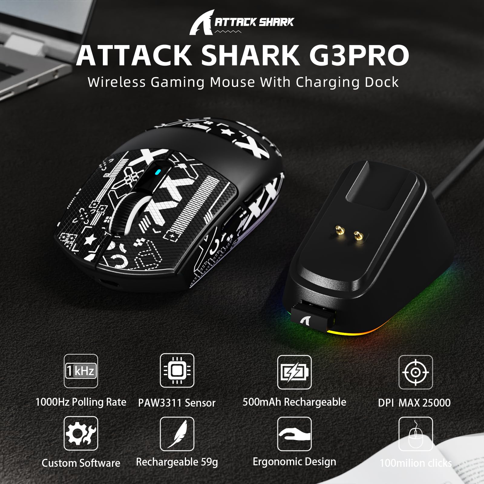 ATTACK SHARK G3PRO Souris de Jeu sans Fil avec Station de Charge Magnétique, Capteur PixArt PAW3311, 25000 DPI, Bluetooth/2,4GHz/Filaire, 59g Ultra-légère Souris pour PC/Xbox/Mac-Noir et Ruban