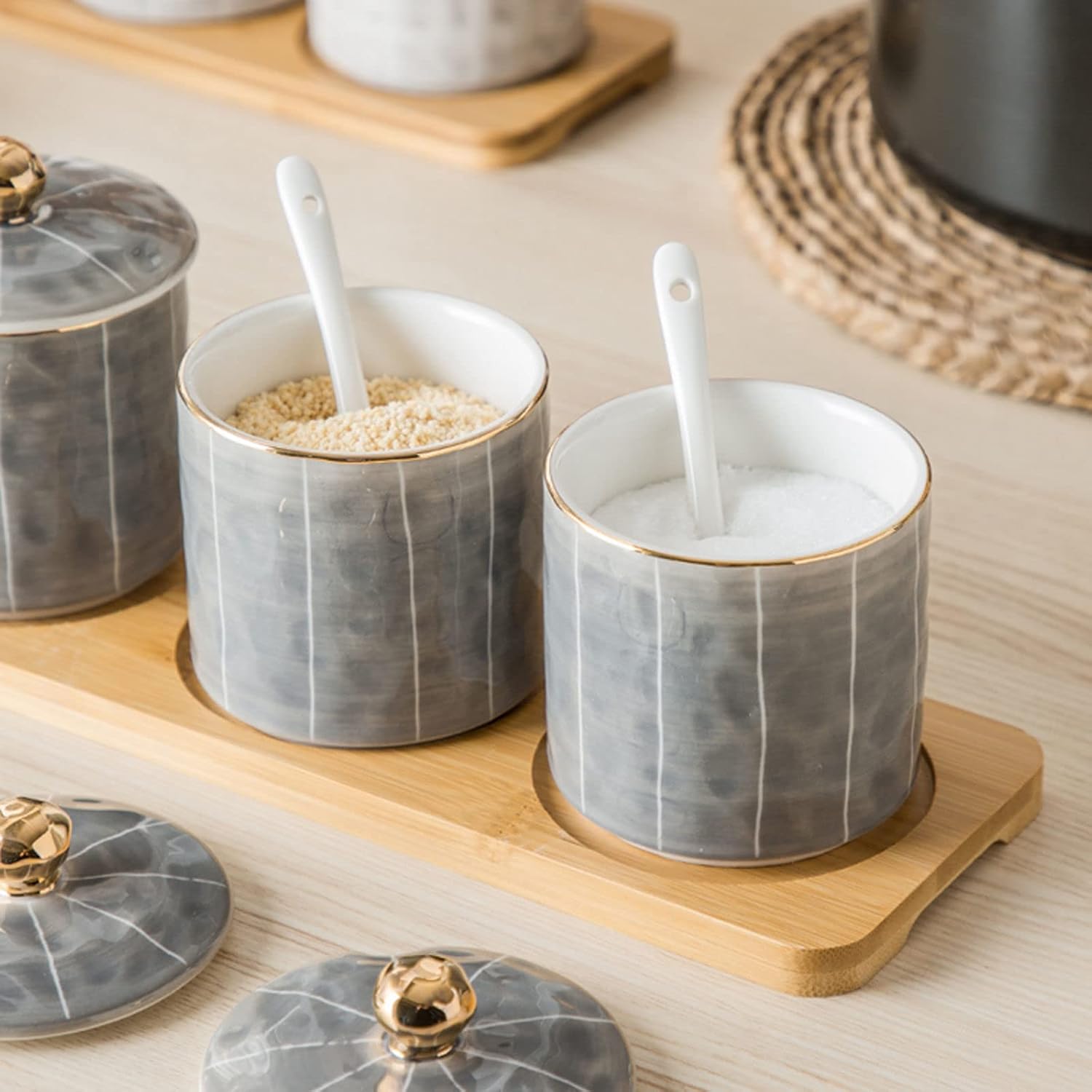 Sugar Bowl ,sugar pot, Sugar Bowl with Lid , European Style Sugar Bowl with Ceramic Spoon, 300ml/10.5oz Simple Salt Pig, Sugar Container, Porcelain Spice Jars-Dark Grey-300ml (Color : Dark Gray, Size