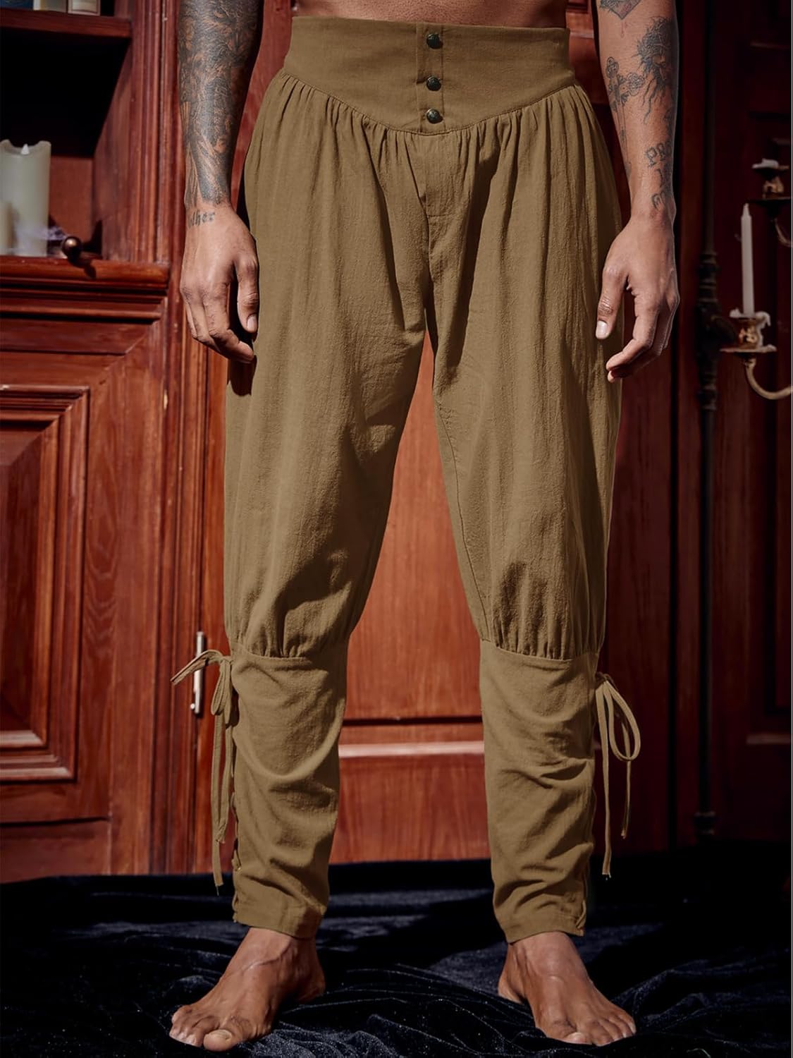 Runcati Mens Medieval Ankle Pants Renaissance Viking Pirate Lace Up Tapered Halloween Linen Costume Trousers - Image 2