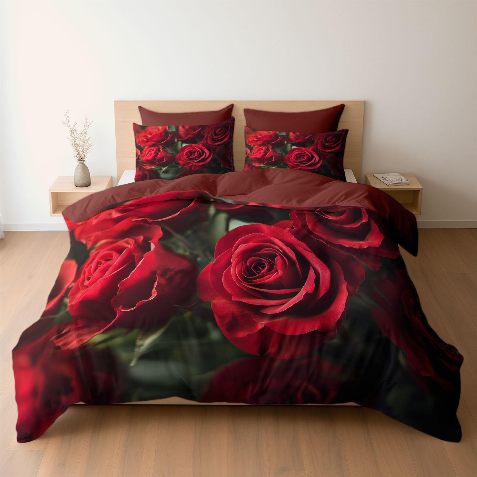 Parure de lit 3 pièces rose rouge imprimé fleurs, l'idée cadeau parfaite pour couple
