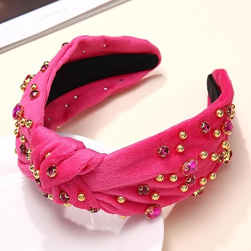 Miniatura 5 de YAHPERN Diadema anudada de cristal para mujer, diadema brillante con diamantes de imitación, cuentas doradas, diadema con nudo superior ancho,