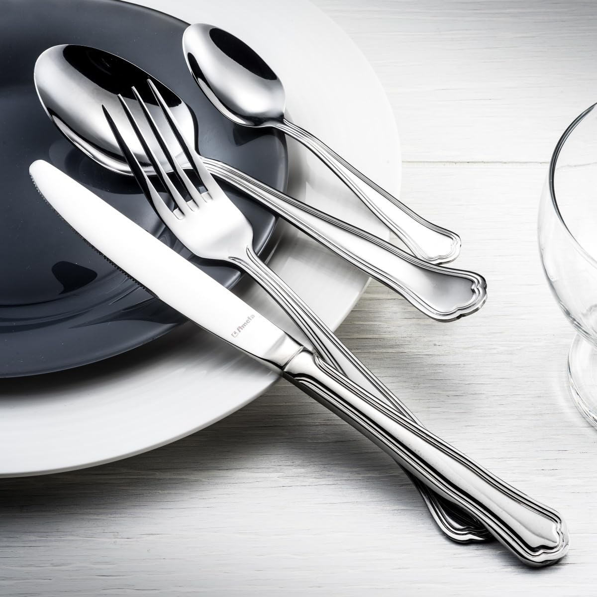 Amefa 099000AF01C40 Contour Urfé zestaw sztućców, 6 osób, stal nierdzewna, błyszczący, 13,7 x 7 x 26,5 cm, 24-częściowy