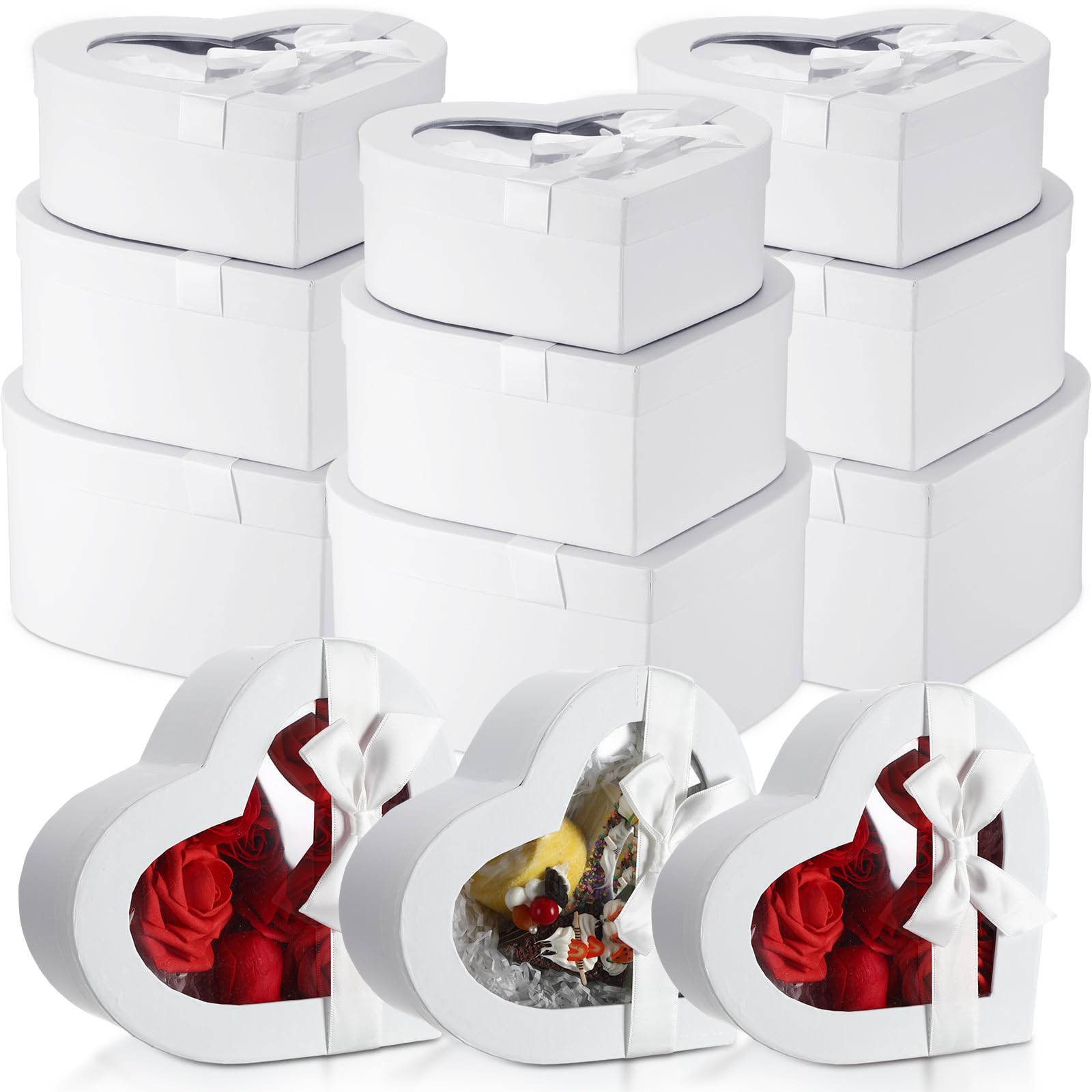 Suzile 9 Pcs Heart Shaped Flower Gift Boxes with Transparent Window 3 Sizes Valentines Cardboard Floral Box Cookie Boxes for Valentine's Day Wedding Party Present Wrapping Packaging(White)