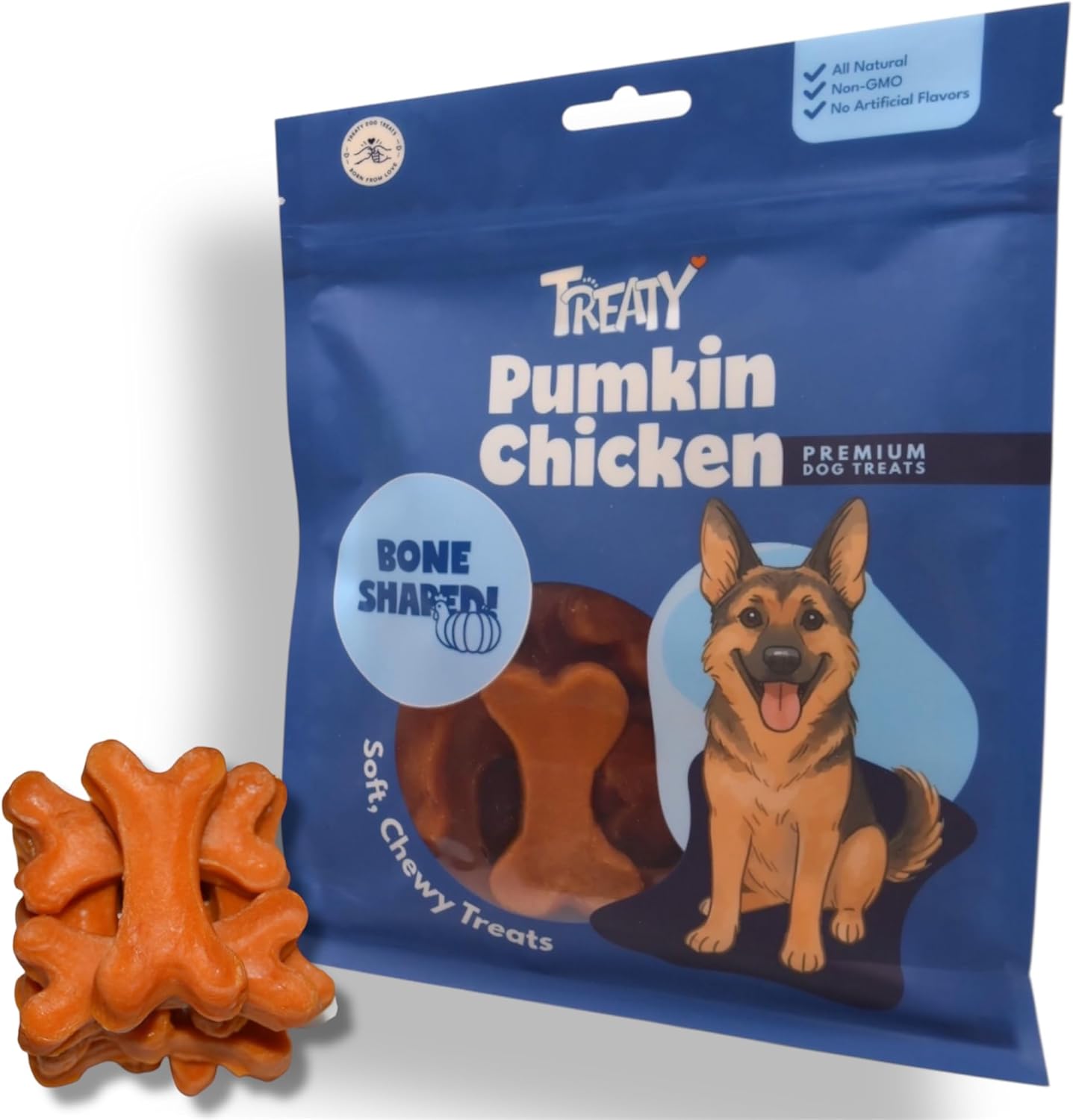 Treaty Healthy Pumpkin Puree Chicken Dog Treats 32 oz Baked Bone Shape Soft Chews All Natural Human Grade Training Rewards and Daily Treats with Real Chicken and Pumpkin Digestive Support