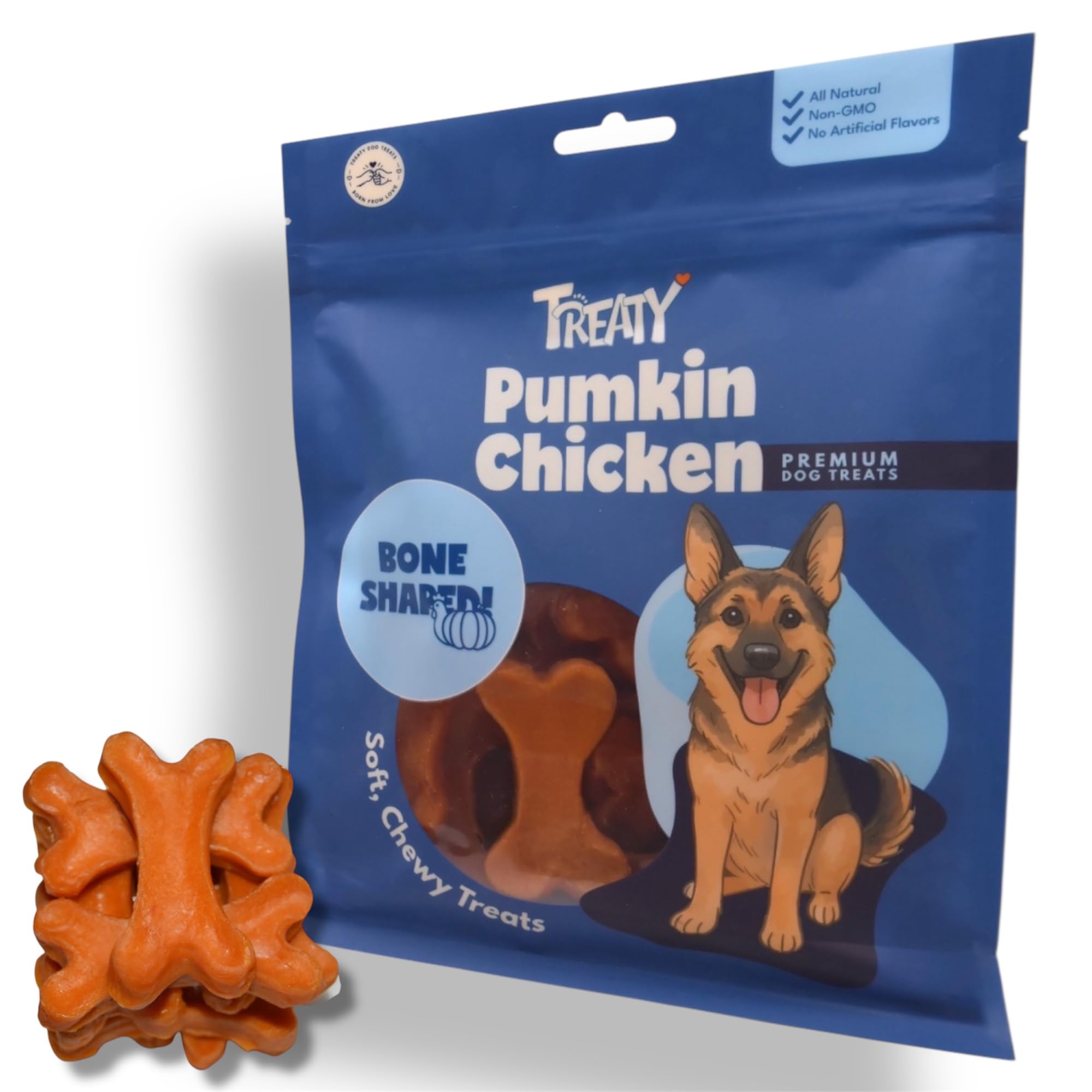 Treaty Healthy Pumpkin Puree Chicken Dog Treats 16 oz Baked Bone Shape Soft Chews All Natural Human Grade Training Rewards with Real Chicken and