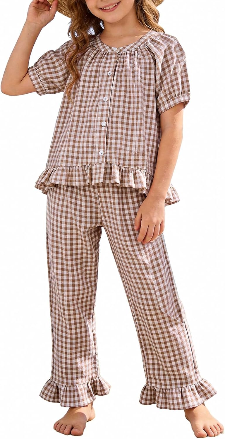 Girls Plaid 2 Piece Outfits Cotton Short Sleeve Ruffle Peplum Shirt Gingham Pants Clothing Set