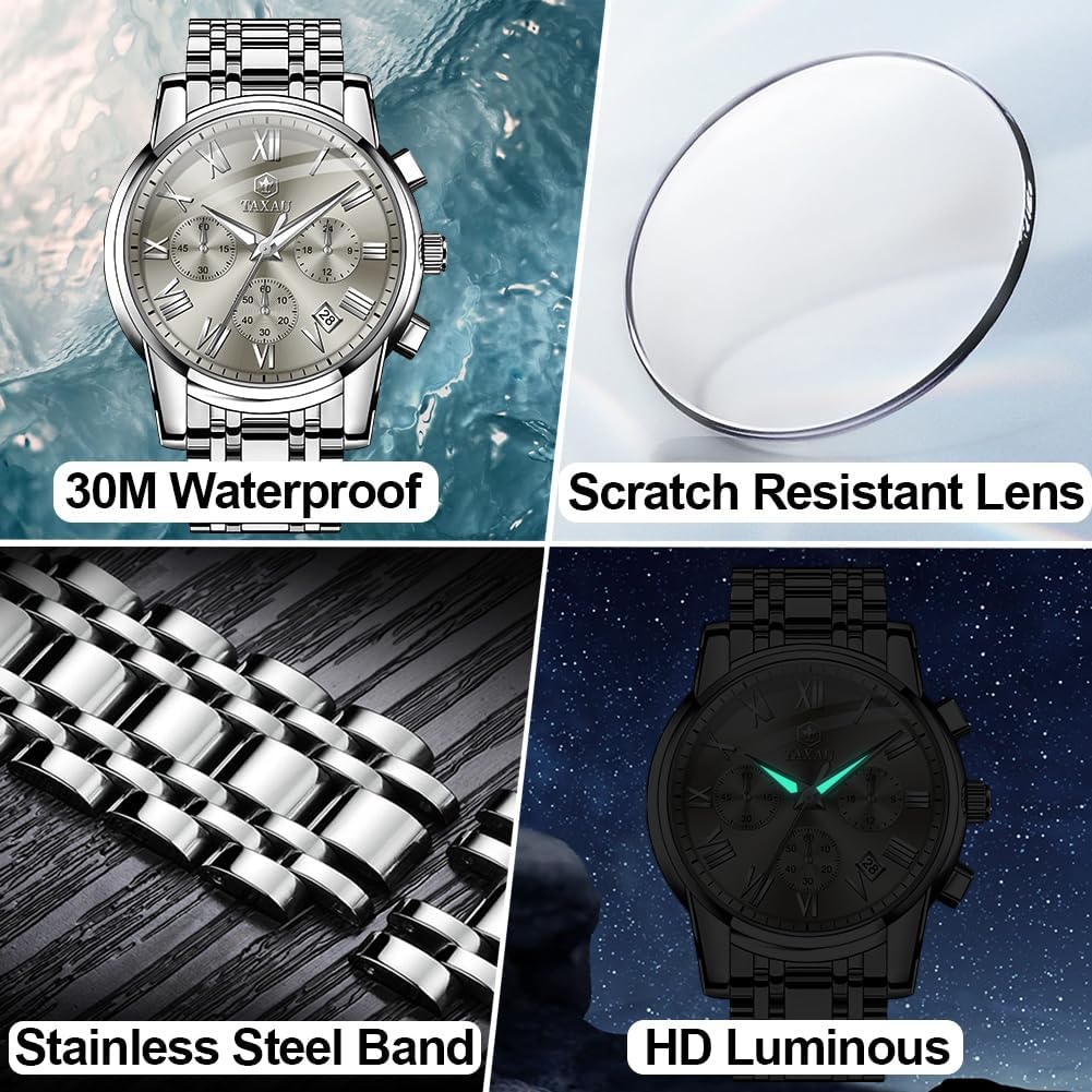 Men Silver Watch Large Dial Multi-Function Dress Watches for Men Metal Band Chronograph Gray Face Calendar Men's Watch for Big Wrist Water Resistant Quartz Retro Roman Numeral Mens Watch - Image 5