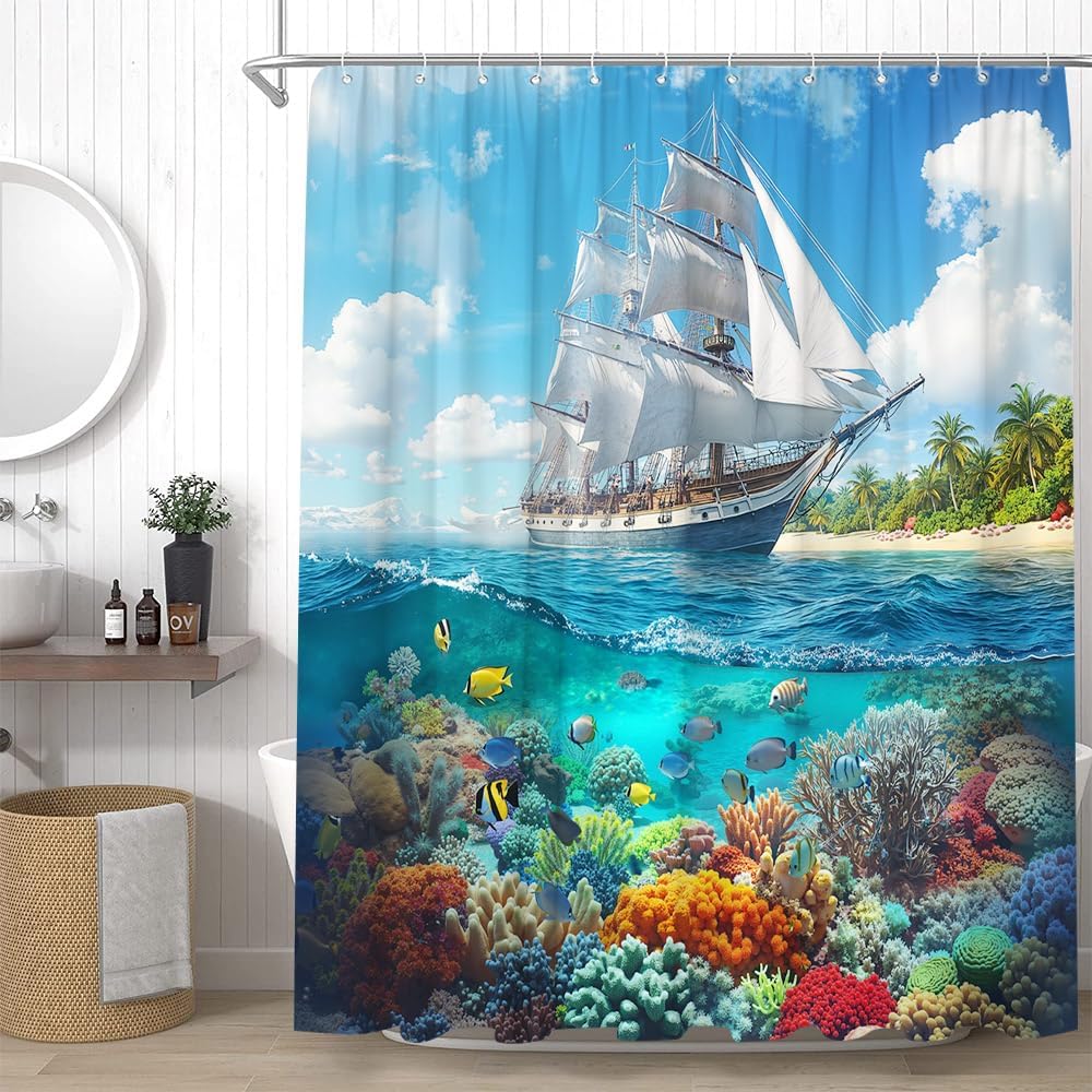 Pirate Ship Shower Curtain Tropical Fish Nautical Sailboat Blue Teal Ocean Sea Coastal Island Landscape Bathroom Decor Curtains Set with Hooks, 90" W x 70" H