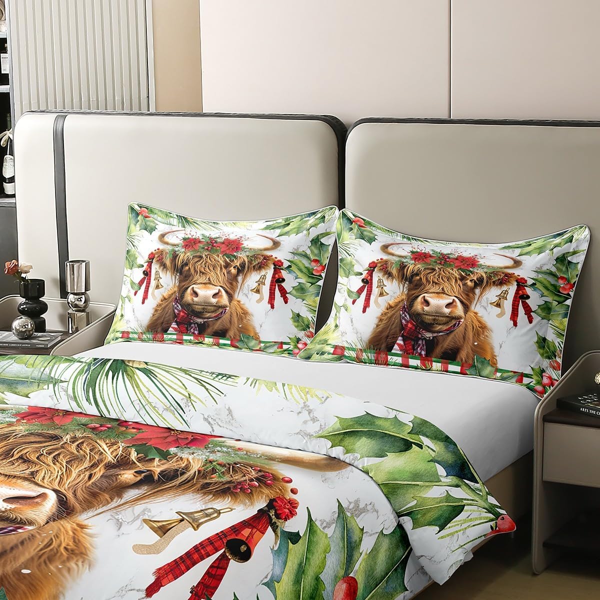 Feelyou Merry Christmas Bedding Set Full Size Christmas Highland Cow 100% Cotton Duvet Cover for Decor Highland Cattle Comforter Cover Set Xmas Deer Elk Decor with 2 Pillow Case,No Comforter