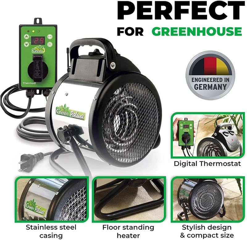 BioGreen Electric Greenhouse Heater & Fan with Digital Thermostat PALMA | 1500 Watts, 5100 BTU/hr | 5800 ft³/h Air Circulation -58 to 210.2°F | Stainless Steel | Spraywater Proof image 3