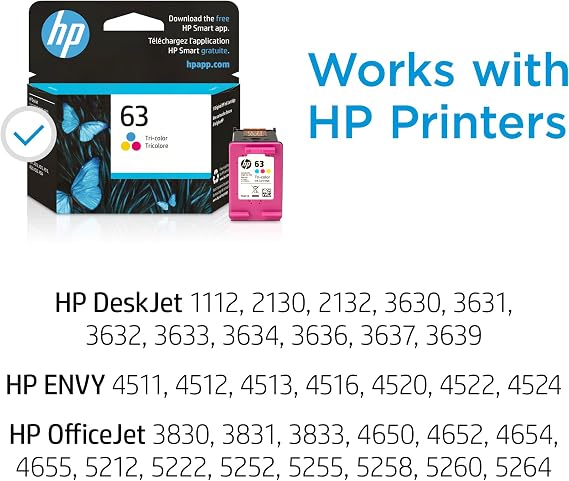 HP 63 Tri-Color Ink Cartridge Printers | Works with Printer Series: DeskJet 1112, 2130, 3630; Envy 4510, 4520; OfficeJet 3830, 4650, 5200 | Eligible for Instant Ink | F6U61AN