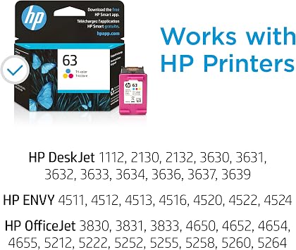 HP 63 Tri-Color Ink Cartridge Printers | Works with Printer Series: DeskJet 1112, 2130, 3630; Envy 4510, 4520; OfficeJet 3830, 4650, 5200 | Eligible for Instant Ink | F6U61AN