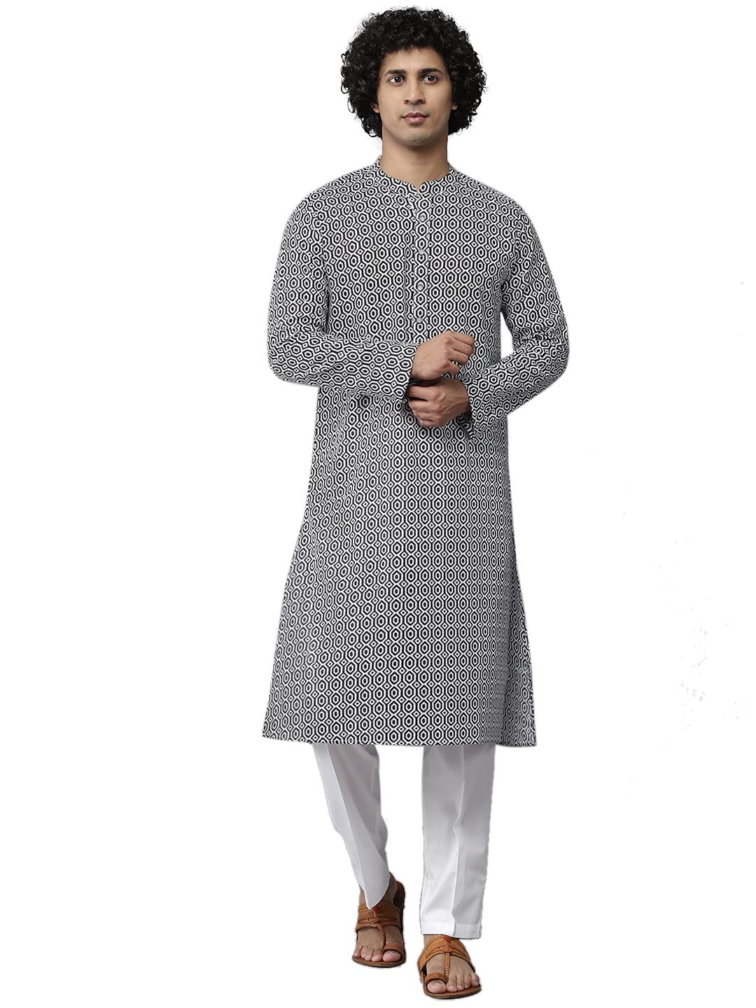 Navy Blue Cotton Regular Fit Printed Kurta Mandarin Collar Long Sleeves-image-44