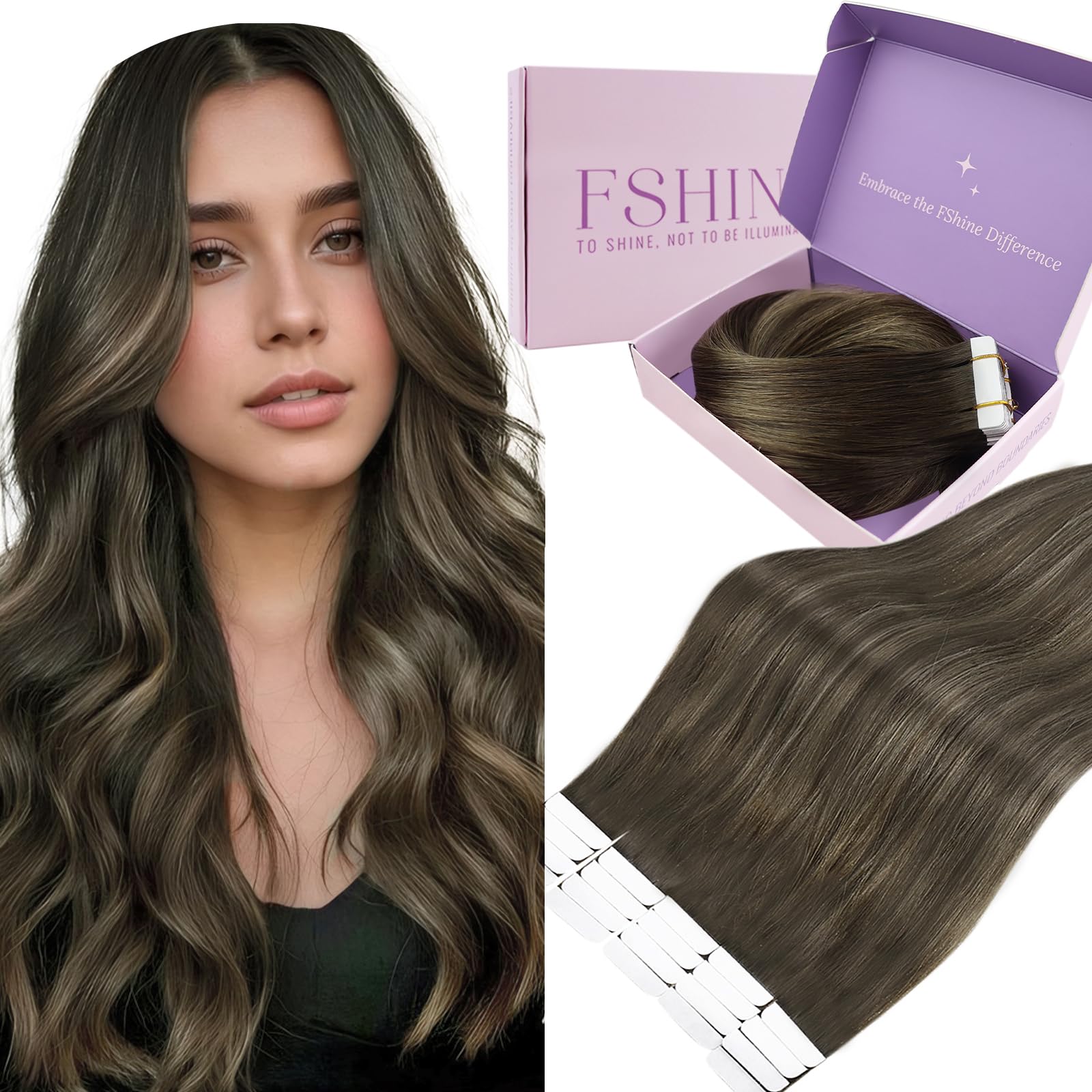 Fshine Extension Biadesive Capelli Veri 45 cm 20 pcs 50 g Invisibili Extension Capelli Veri Biadesivo Lisci Tape in Human Hair Balayage Da Marrone Scuro A Castano Extensions Umani Compleanno