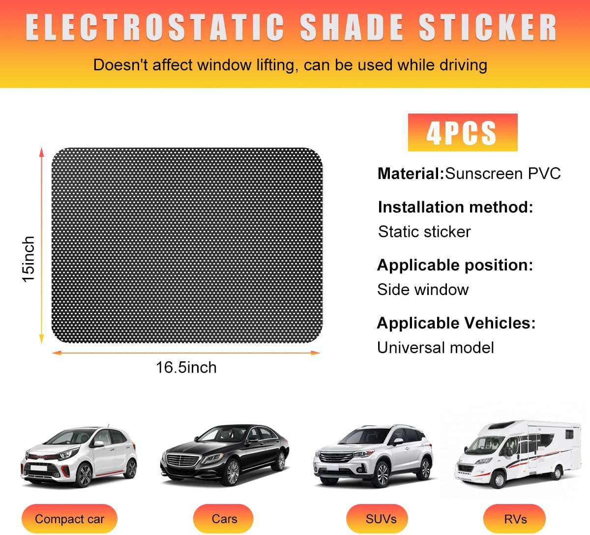 Ohleats 4 PCS Car Side Window Sunshade, 16.5"×15" Static Cling Auto Shade Sticker for UV, Heat, Glare & Privacy Protection, Reusable Vehicle Window Film Shade, Car Accessories