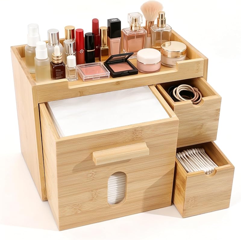 Organizador de bambu para toalhas faciais com 3 gavetas InnJoey