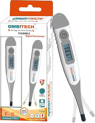 AmbiTech Soft & Flexible Digital Thermometer with One Touch Operation for Child and Adult Oral or Underarm Use |Made in In...