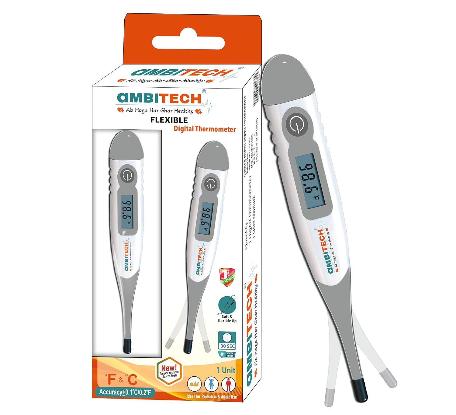 AmbiTech Soft & Flexible Digital Thermometer with One Touch Operation for Child and Adult Oral or Underarm Use |Made in In...