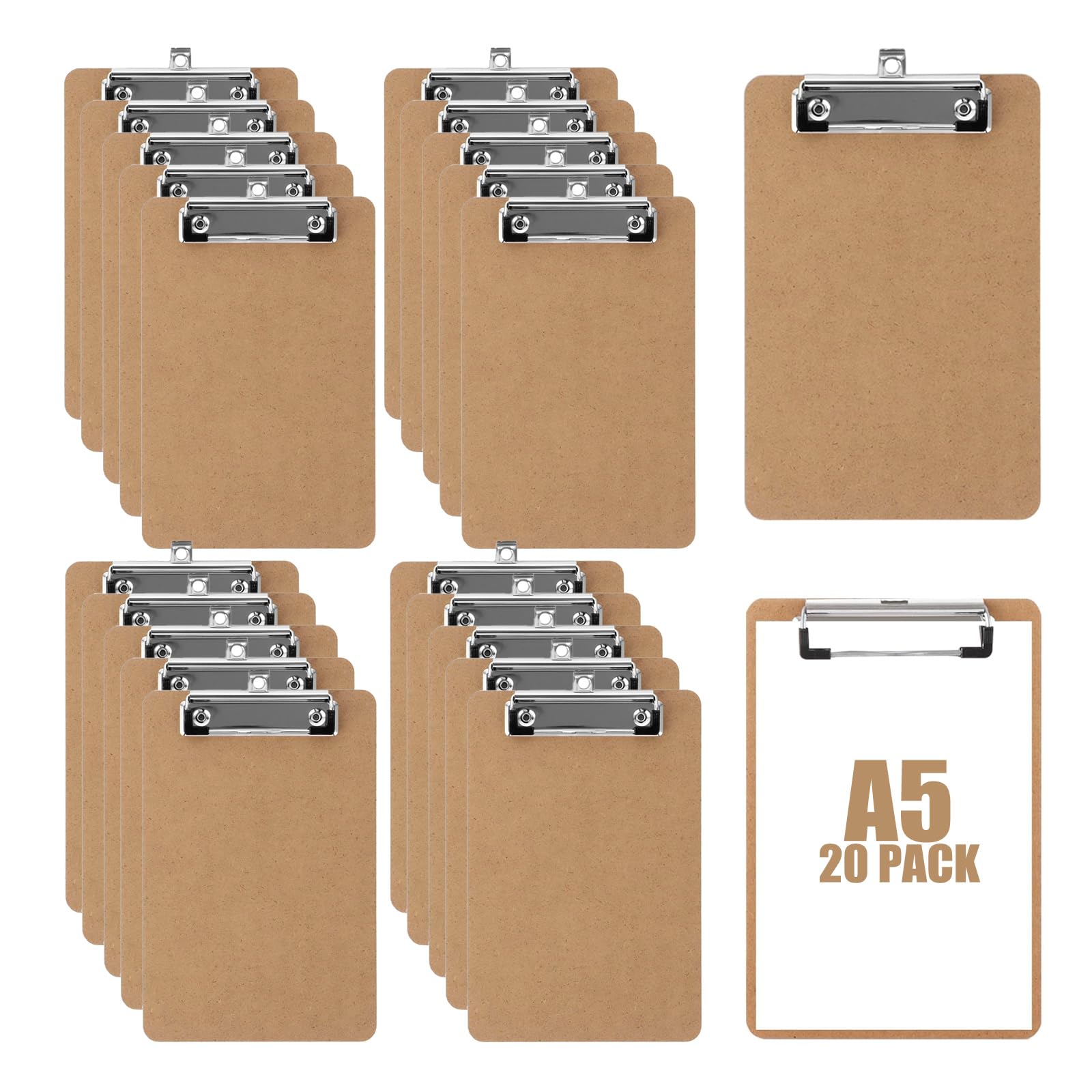 20 Pack A5 Clipboard, Hardboard Clipboards Wooden Clipboards with Hanging Hole and Low Profile Metal Clip, Memo File Clip Board for Office, Restaurant, School