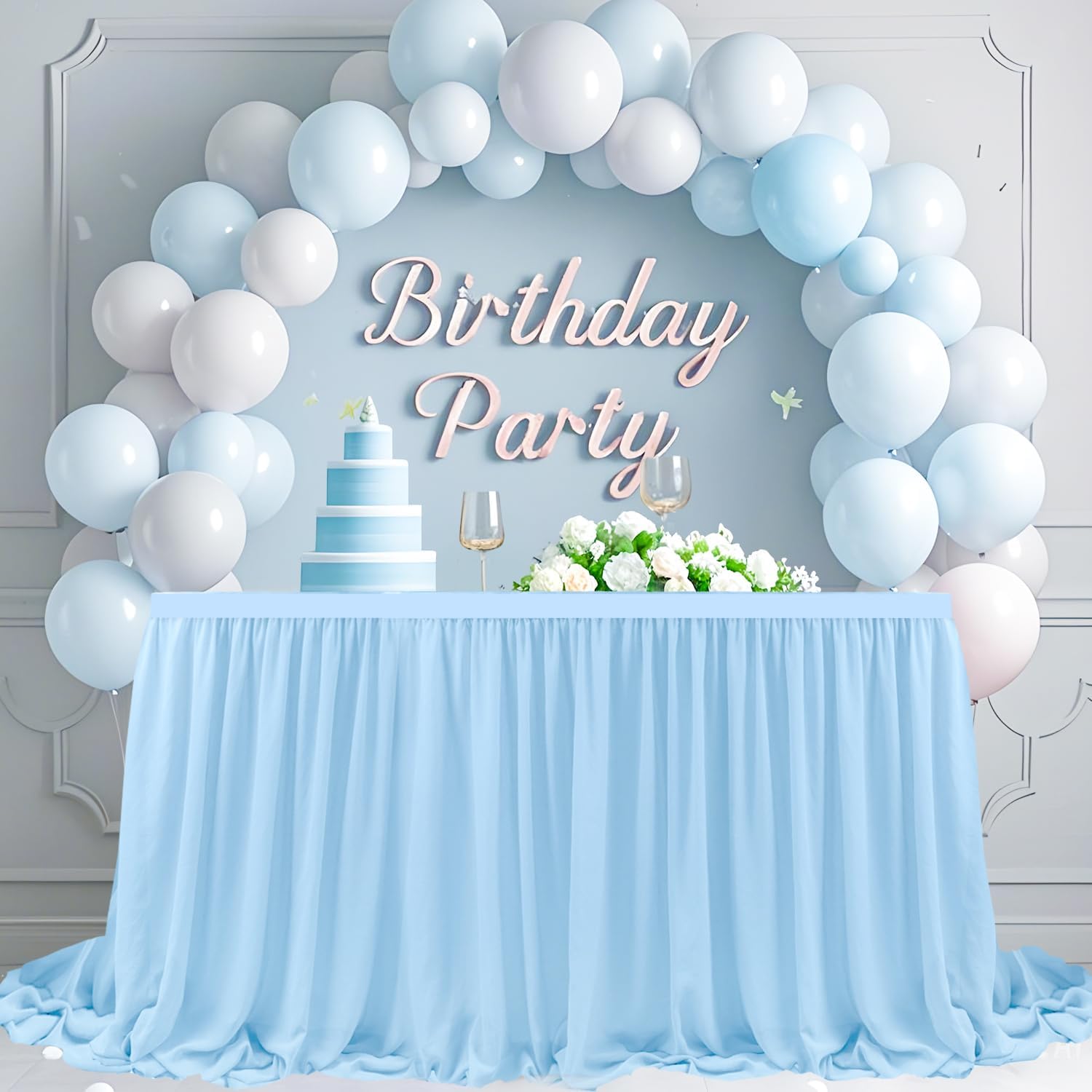 MODFUNS Light Blue Table Skirt 6ft Chifffon Table Skirts for Rectangle Tables Double Layer Tablecloth Ruffle Tables Skirting for Birthday Party Buffet Decor 72" x 30" (Rectangular) Baby Blue