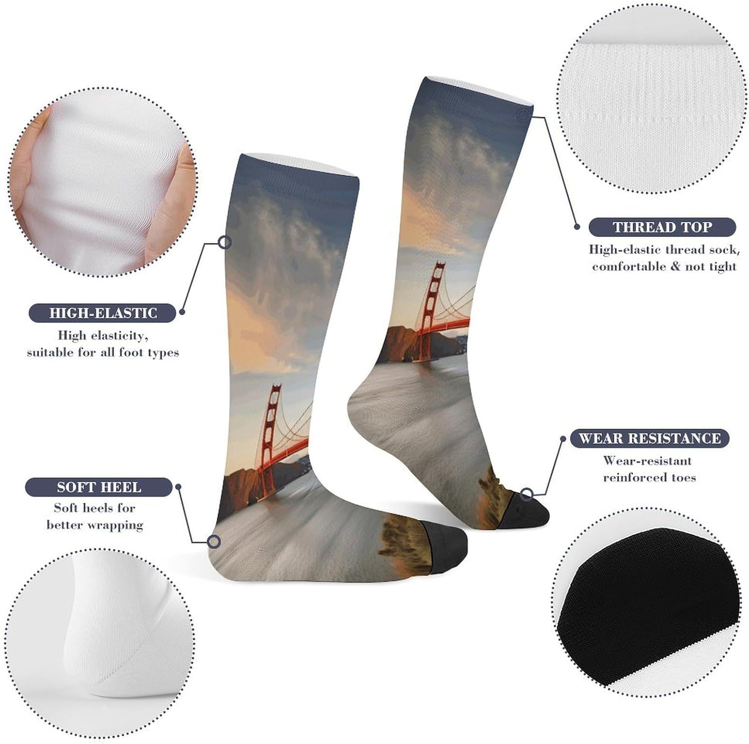 Golden Gate Bridge Compression Socks for Men Women, Soft Breathable Knee High Socks Comfort Over The Calf Tube Sock