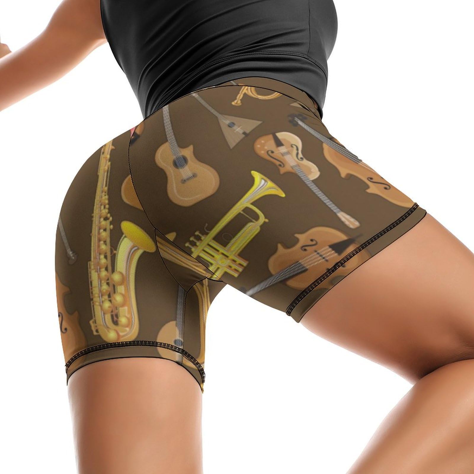 JYYAU Trumpet Musical Instrument Pattern High Waist Yoga Shorts for Women Athletic Shorts Leggings Running Pants Black