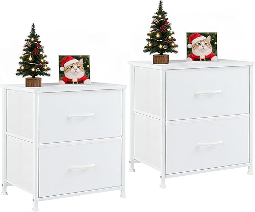 Miniatura 9 de Mesita de noche, mueble de almacenamiento de 2 cajones, cómoda pequeña con 2 cajones, mesa auxiliar con tela para dormitorio, armario, entrada,