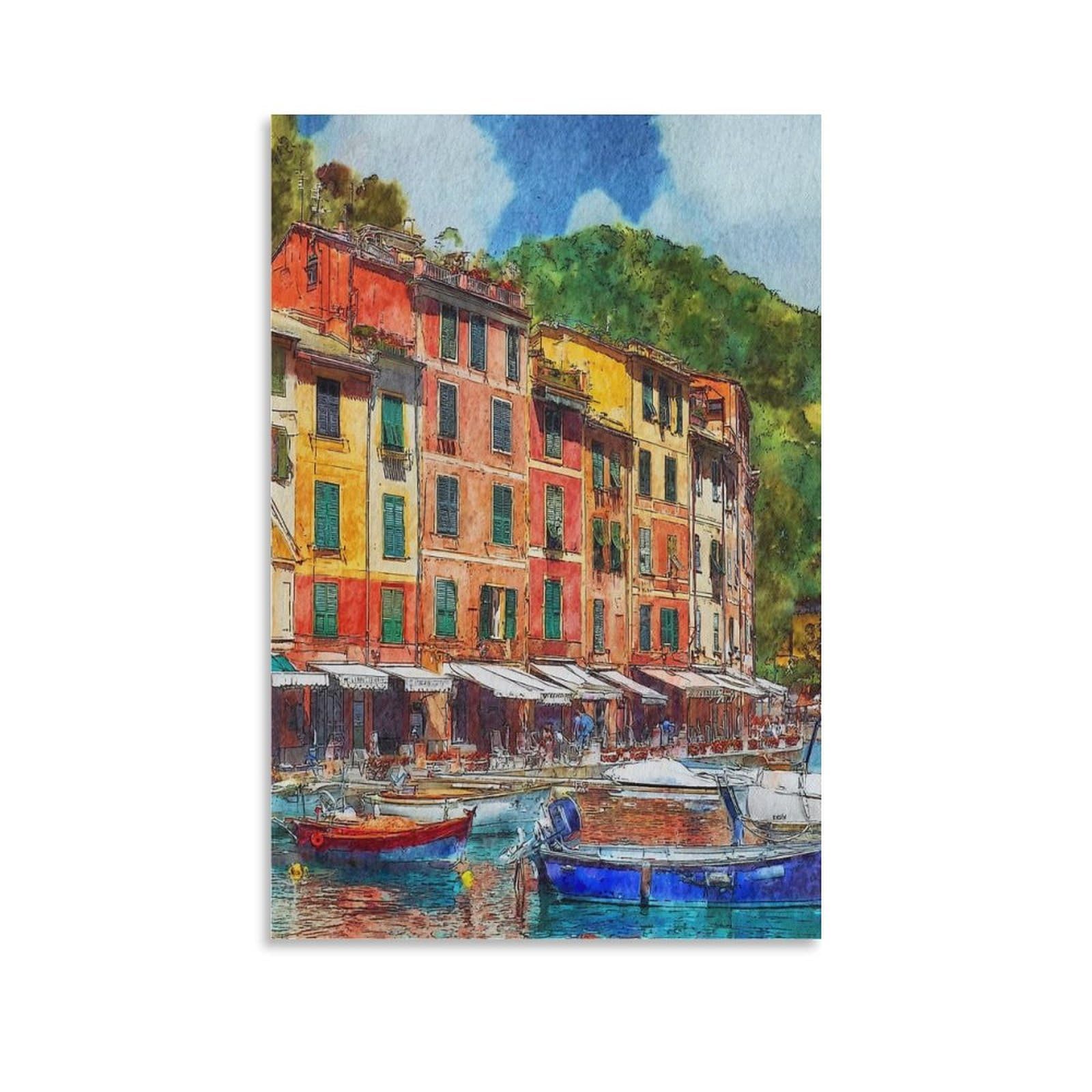 Lcynnh Unframe-Style Portofino Italy 08X12inch(20X30cm) Vintage Travel Poster Watercolor Canvas Art