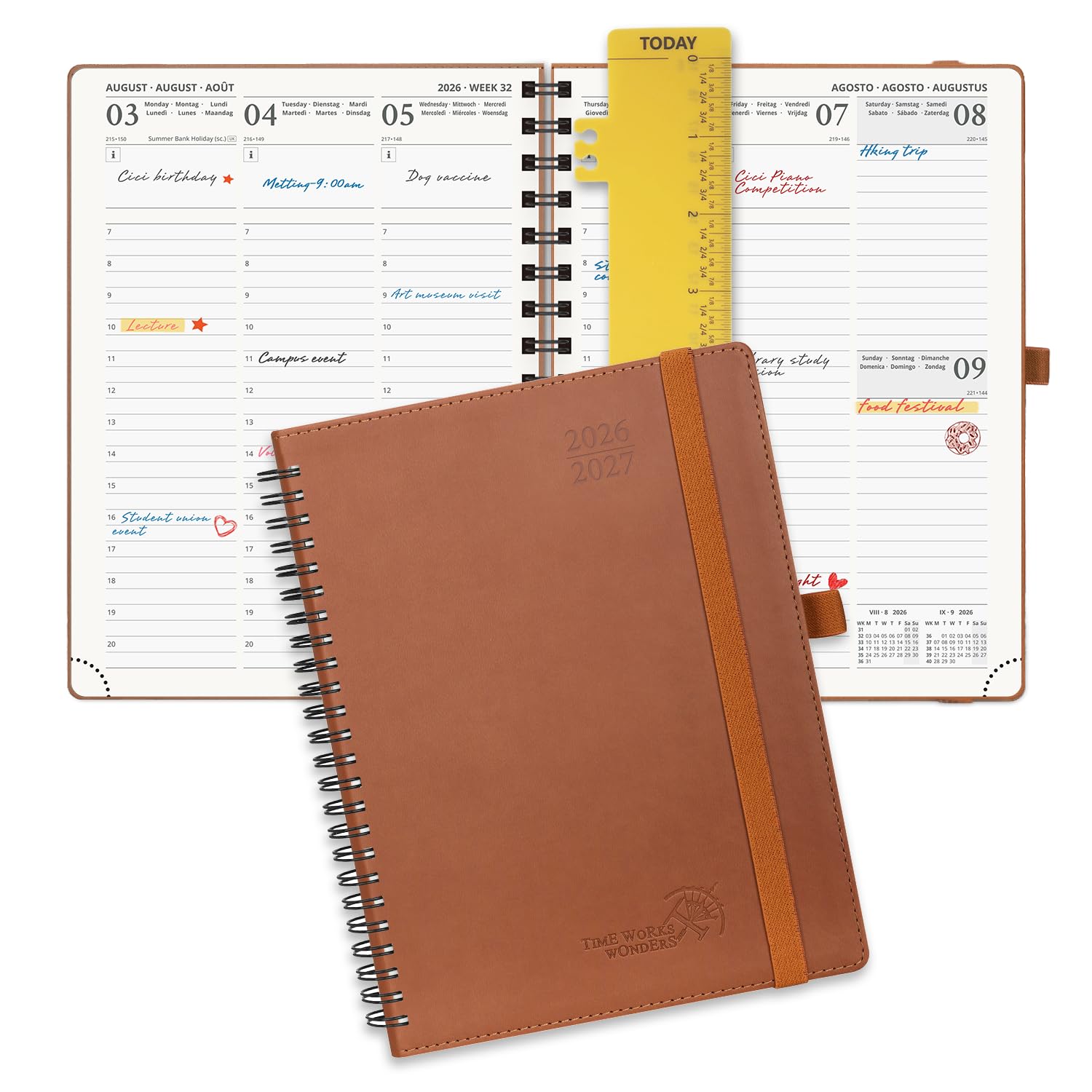 POPRUN A5 Academic Diary 2026-2027 Week to View (22x16.5 cm) Soft Cover Spiral 17 Months (Aug'26 - Dec'27) Mid Year 26/27 Vertical Weekly Planner(Brown)