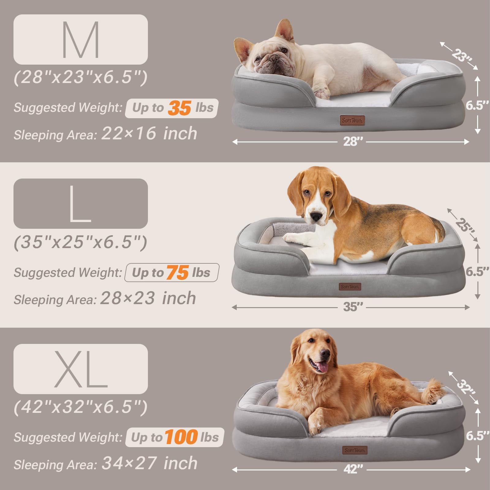 Soft Touch Orthopedic XL Dog Bed for Large Dogs with Faux Fur Top, Waterproof Pet Couch Bed with Removable Washable Cover and Supportive Foam Filling (Grey, Extra Large) - image 8