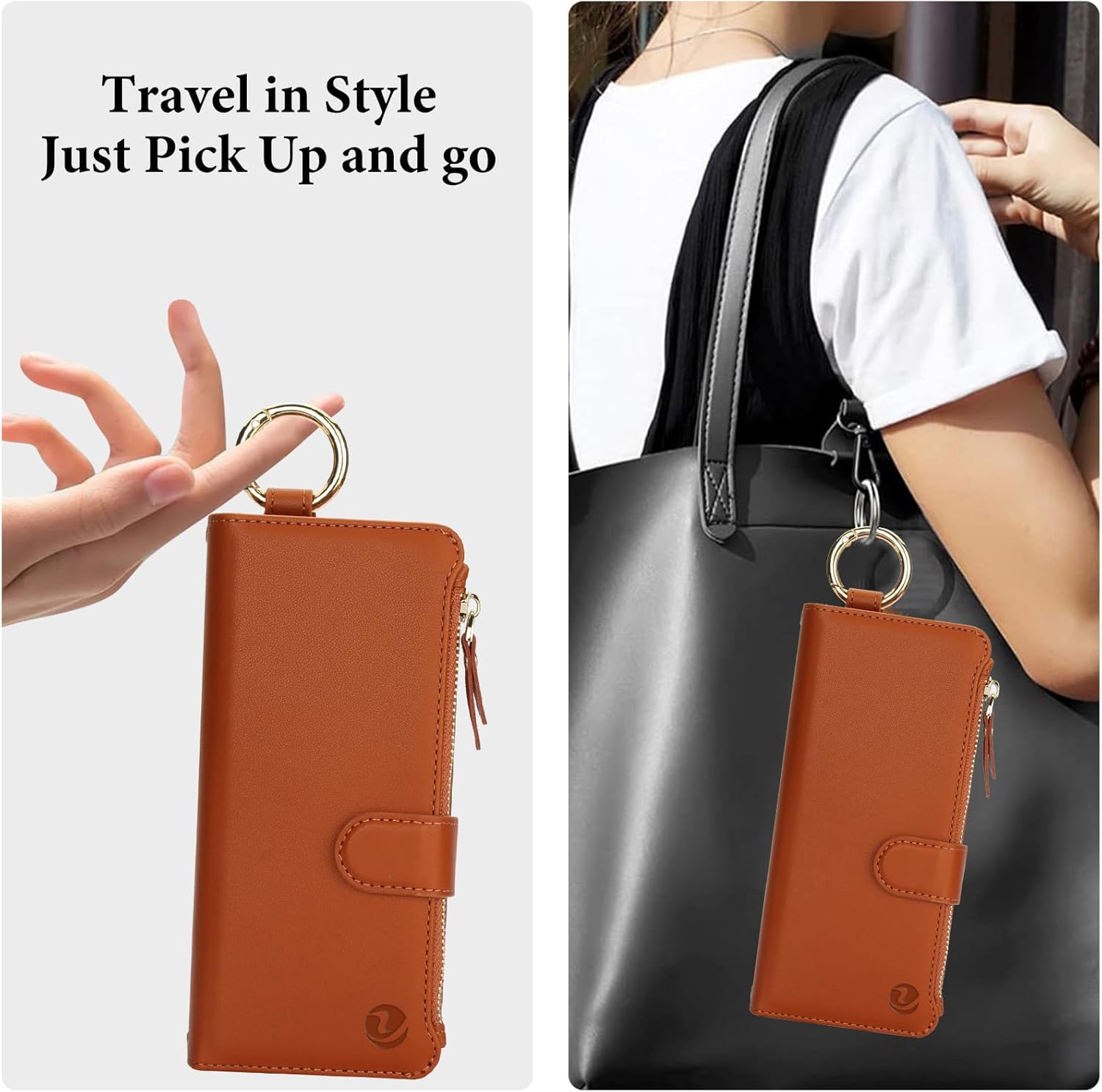 for Samsung Galaxy Z Fold 4 Case Wallet with RFID Blocking Card Holder and Shoulder Strap Wrist Strap, Multi-Function Stylish Ring Zipper Purse Case for Galaxy Z Fold 4, Brown