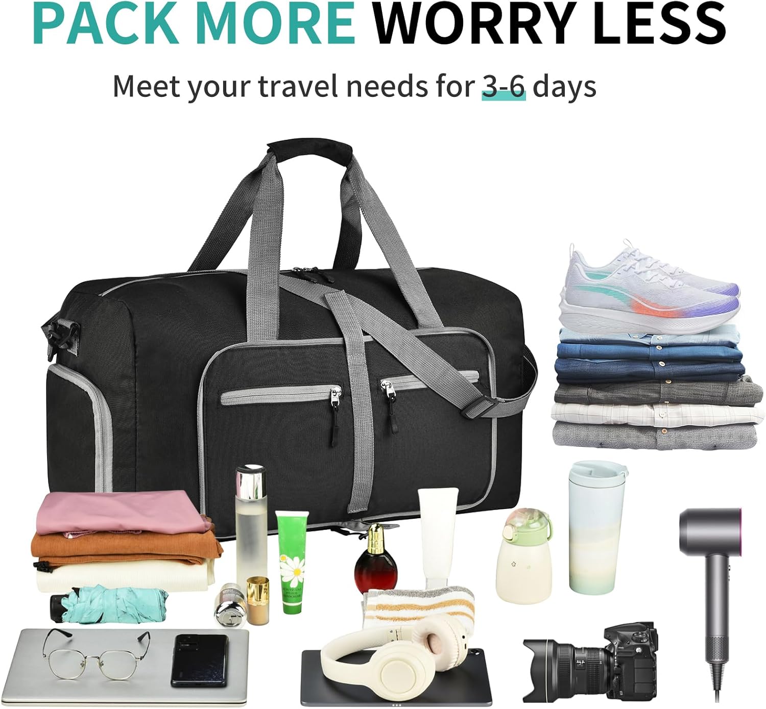 Dimayar 65L Travel Duffle Bag for Men Women - Foldable Duffel Bag with Shoes Compartment - Overnight Bags Waterproof & Tear Resistant(Black) - Image 4