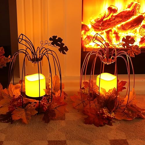 Miniatura 9 de NEEDOMO Decoraciones de Acción de Gracias para el hogar, faroles de calabaza de otoño, decorativos para interiores y exteriores, de hierro forjado