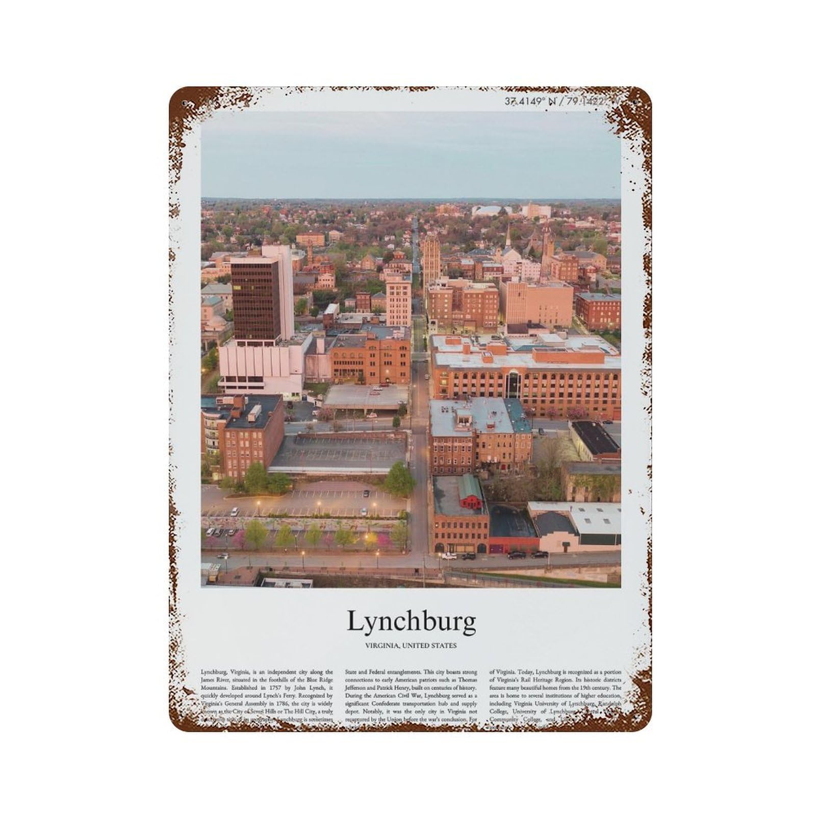 xiaoxiaoshen Lynchburg Virginia, United States, USA City Scenery Wall Decor Art Metal Tin Poster Modern Home Decor Art Home Bar Shop Decorations Vintage Sign 40x30cm