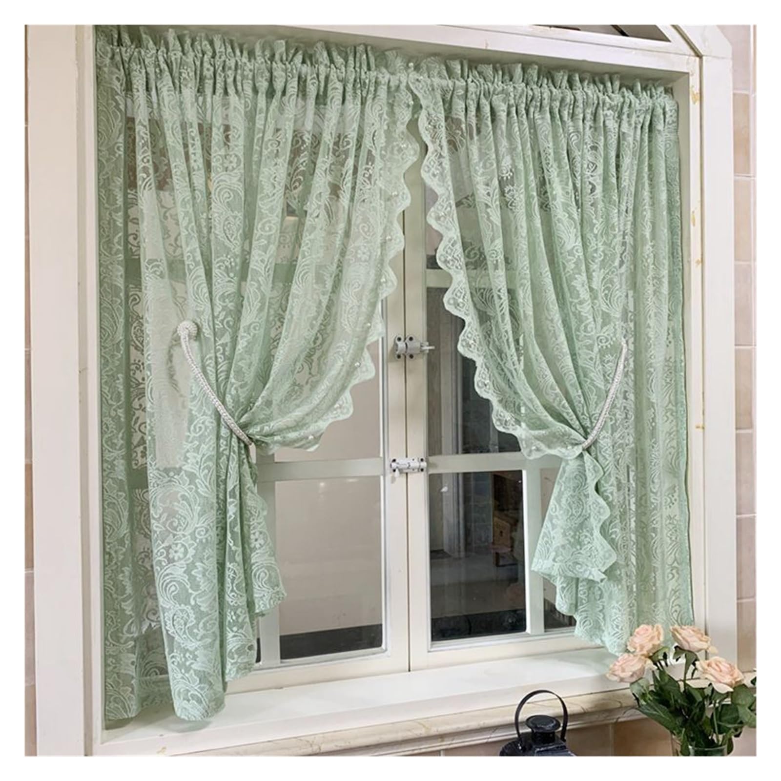 HEUchuan Ruffled Curtains Rural Romantic Mint Green Short Curtain Lace Pearls Embroidered Sheer Tulle for Kitchen Cabinet Door Decorate Darpe