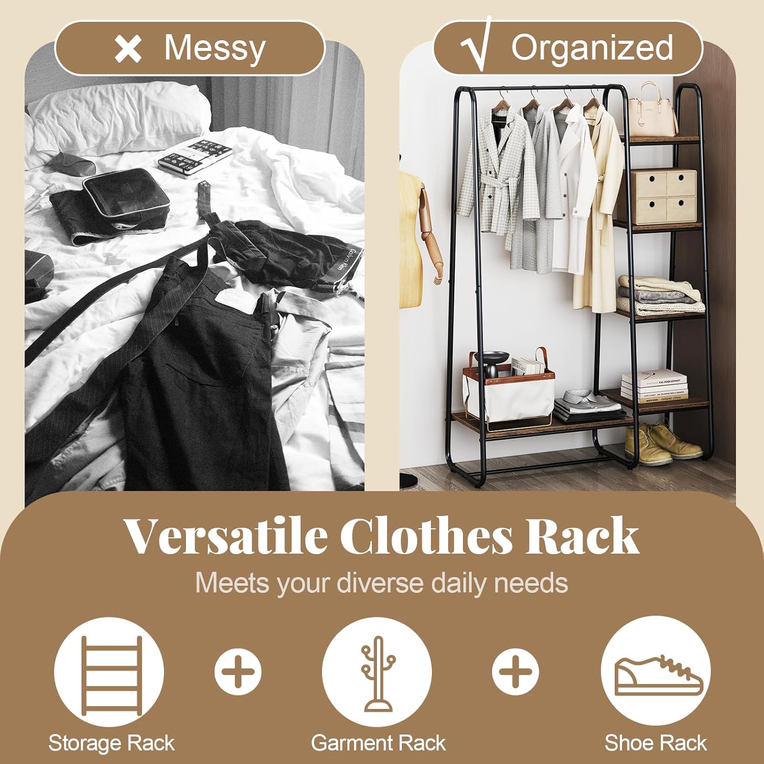 Image showing the clothes rack used for various items, contrasting messy vs organized