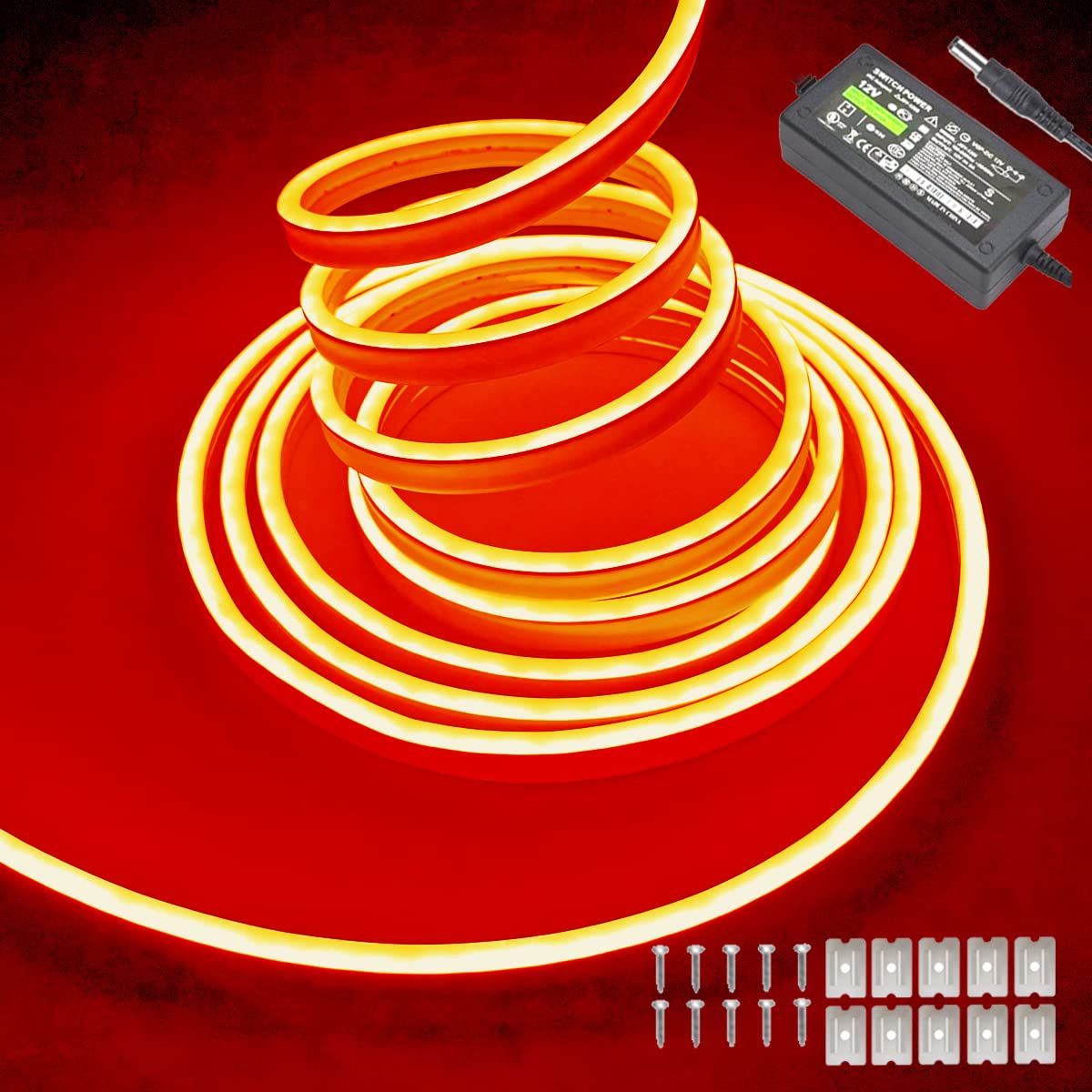 dobestyou Orange Neon LED Strip Lights - 16.4ft (5M) 12V DC 600 SMD2835 LEDs Waterproof Flexible Rope Light for Indoor/Outdoor Decor (Includes Power Adapter)
