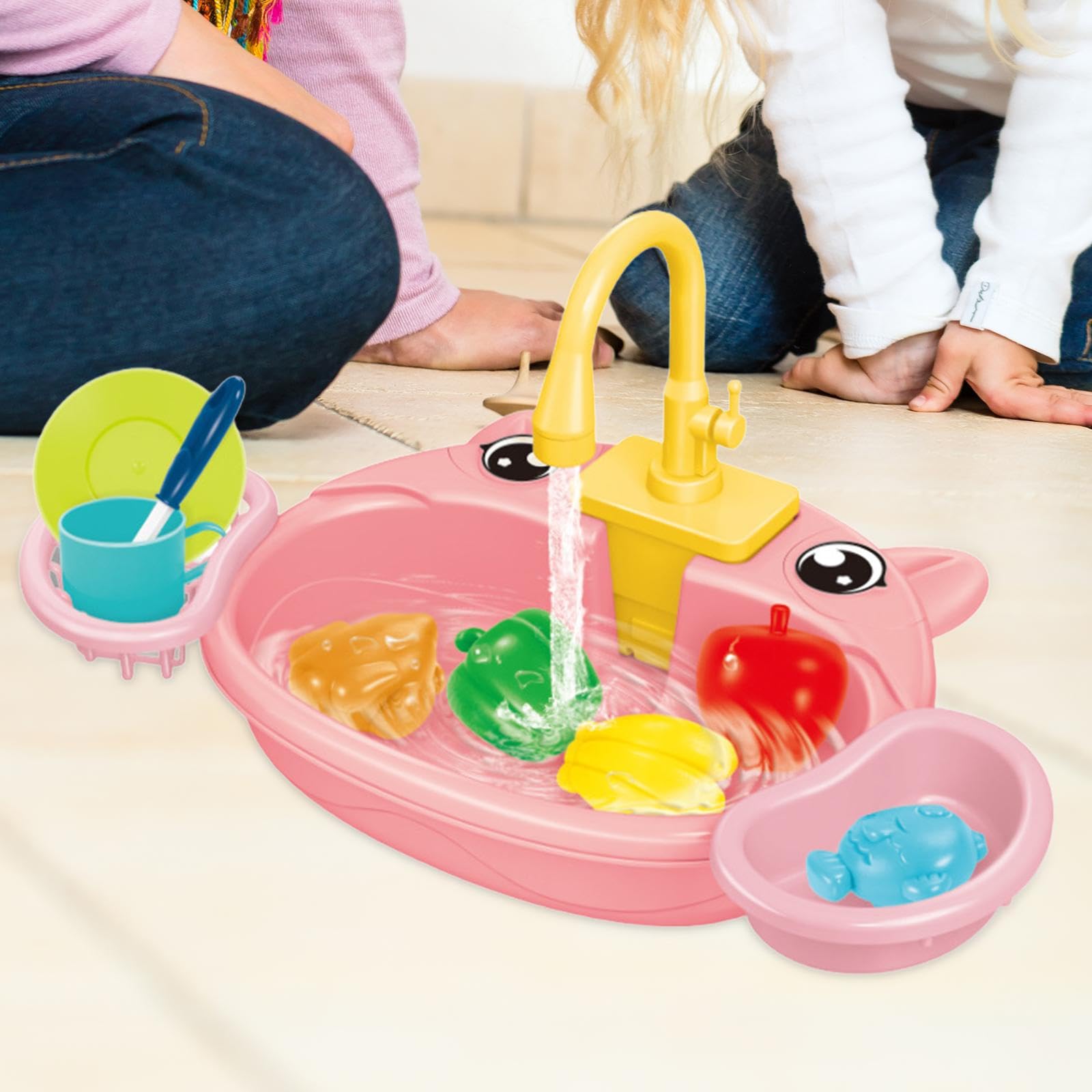 Kitchen Lavandino Giocattolo Set Bambini Simulazione Lavastoviglie Giocattolo Accessori Cucina Funzione Circolazione Acqua Adatto per Gioco, Maiale Rosa