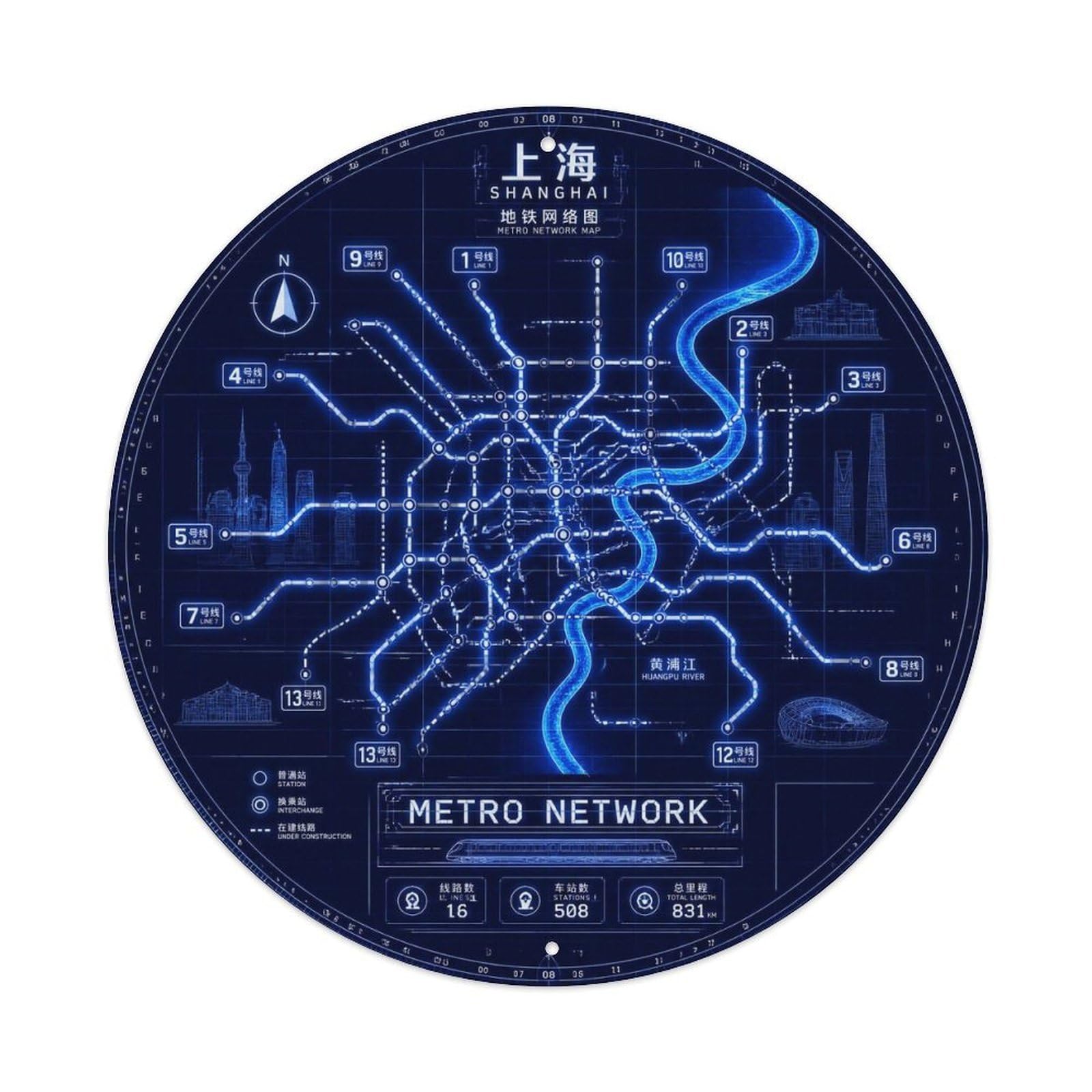 Okngb Style Tourist Route Shanghai Metro Network Collector Badge Metal Tin Sign Plaque Wall Decor For Cafe, Man Cave, Club Bar, Office, Home Garden Round Metal Poster 8X8inch