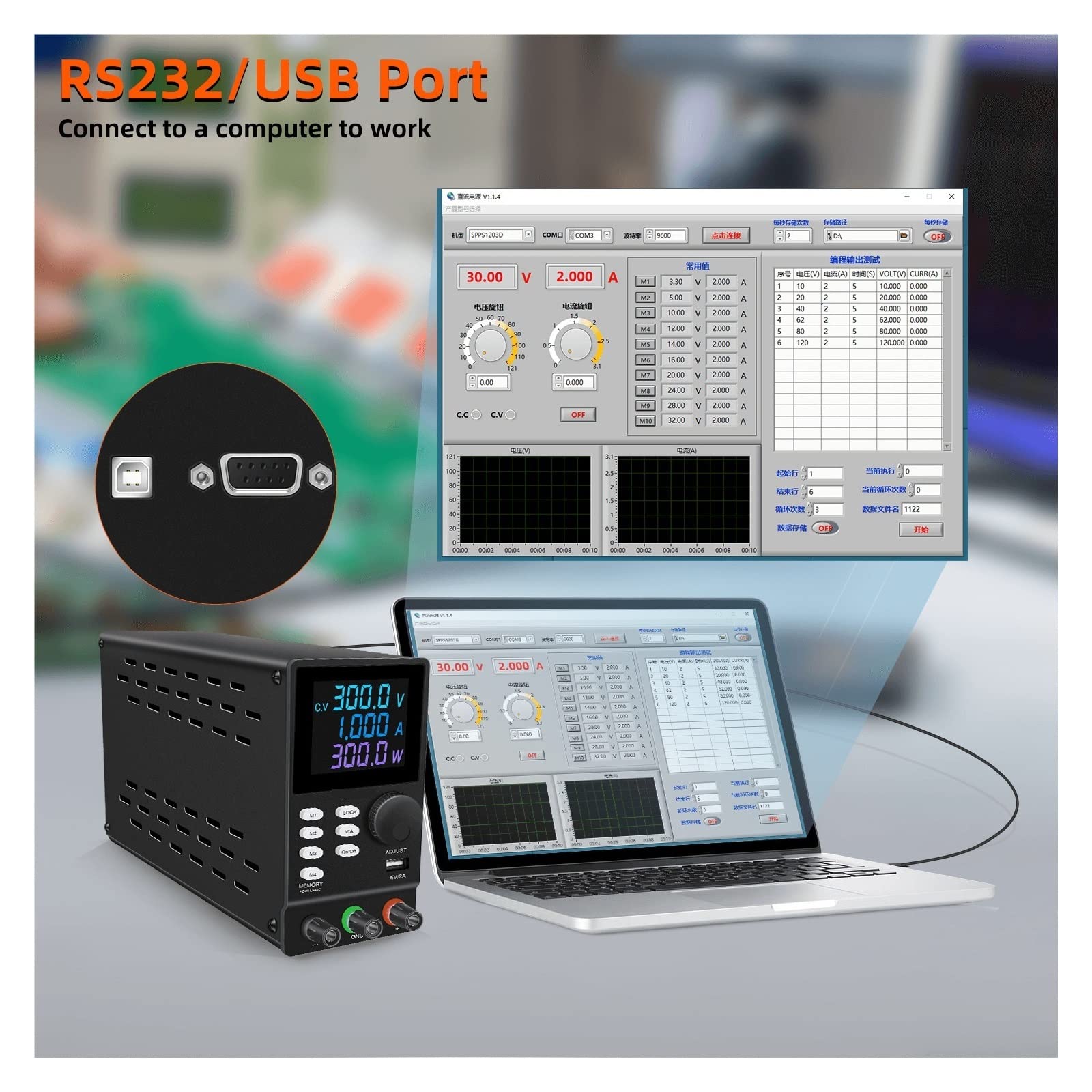 Zasilacz Laboratoryjny Programowalny zasilacz USB DC Stół warsztatowy do konserwacji oprogramowania laboratoryjnego 30 V 10 A Regulator napięcia i prądu(SPPS305DR BLack)