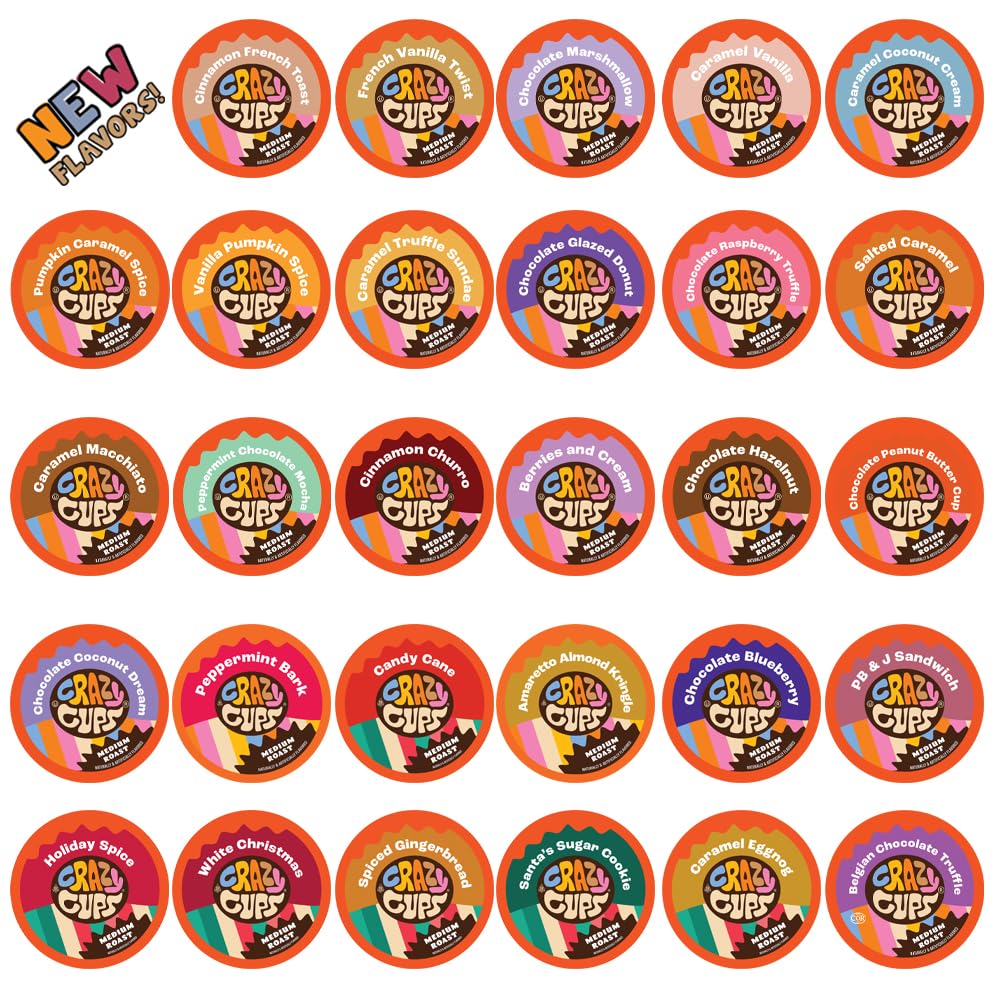Crazy Cups Flavored Coffee Pods Variety Pack, Medium Roast, Single Serve in Recyclable for Keurig K cups Machines, 50 Count